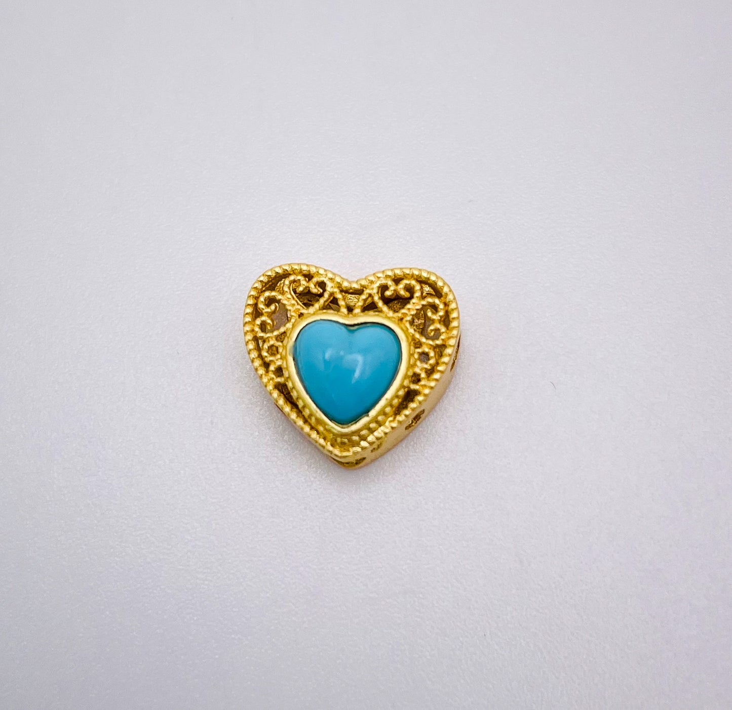 Gold Heart Charm Bead with Turquoise Synthetic Gem