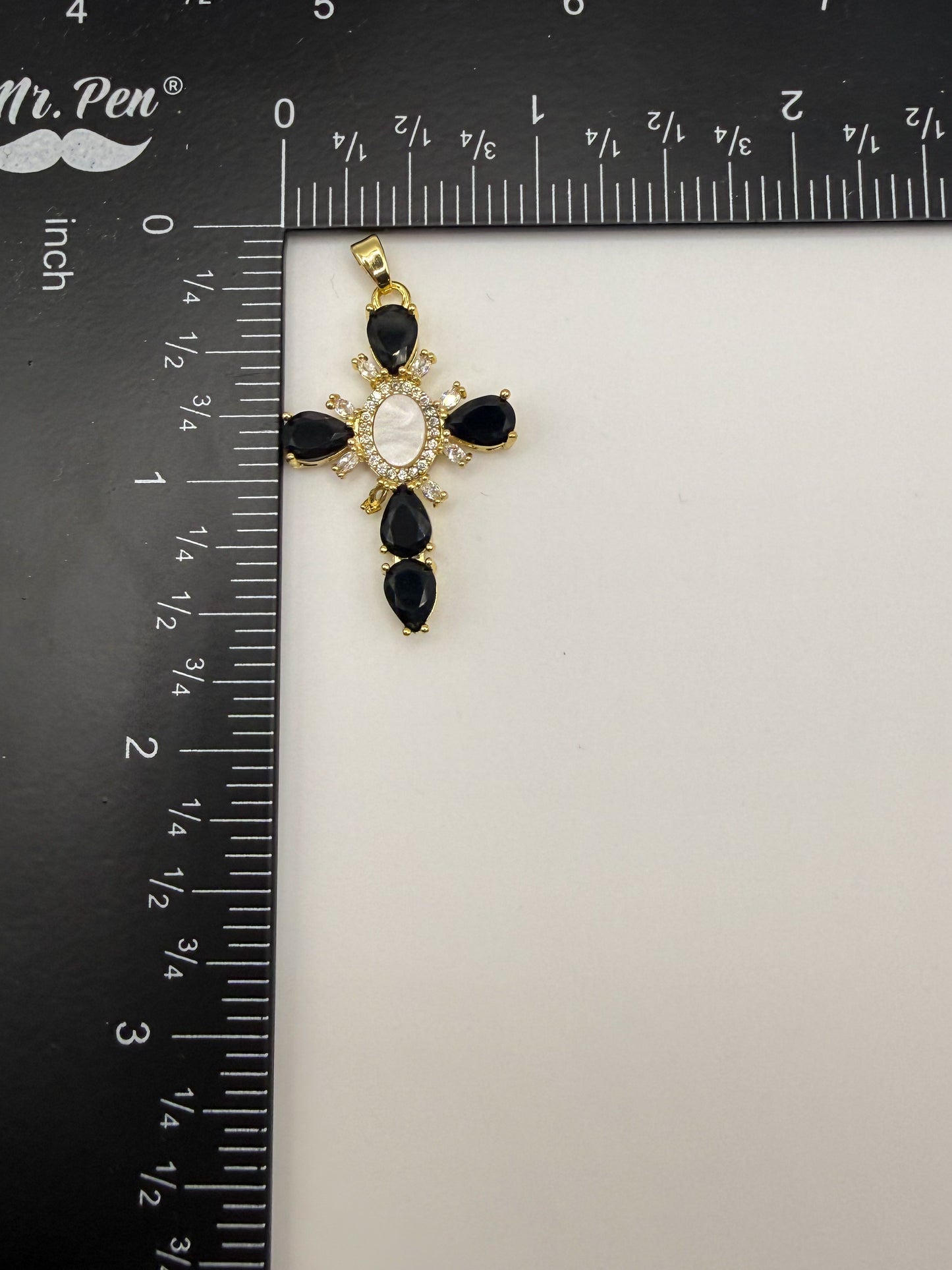 Black Zircon & Mother of Pearl Shell Gold Cross Charm Pendant