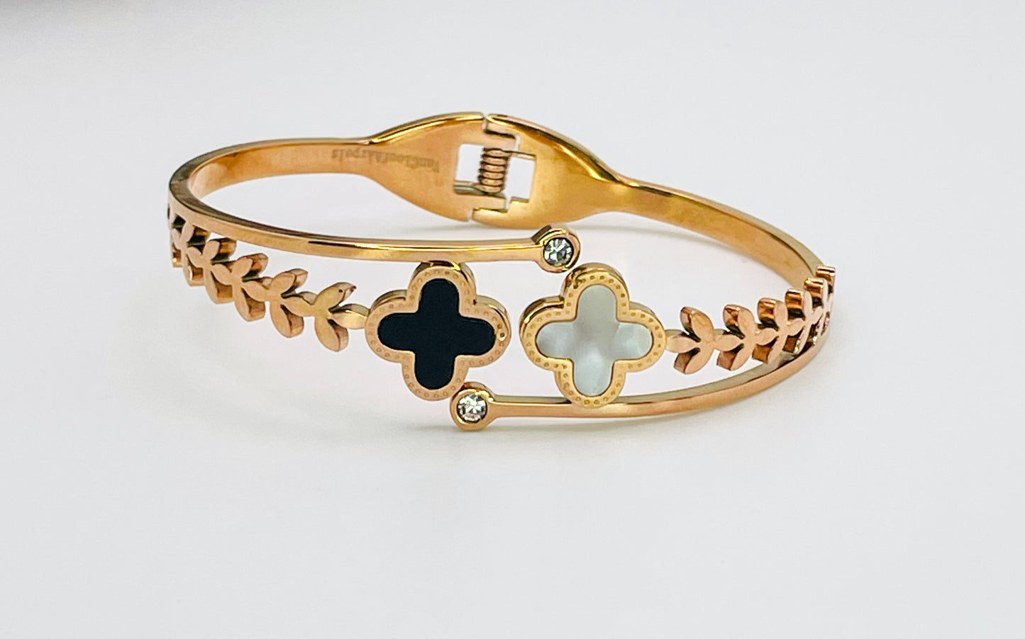 LV Double Clover Logo Gold Stainless Steel Open Front Bangle Bracelet