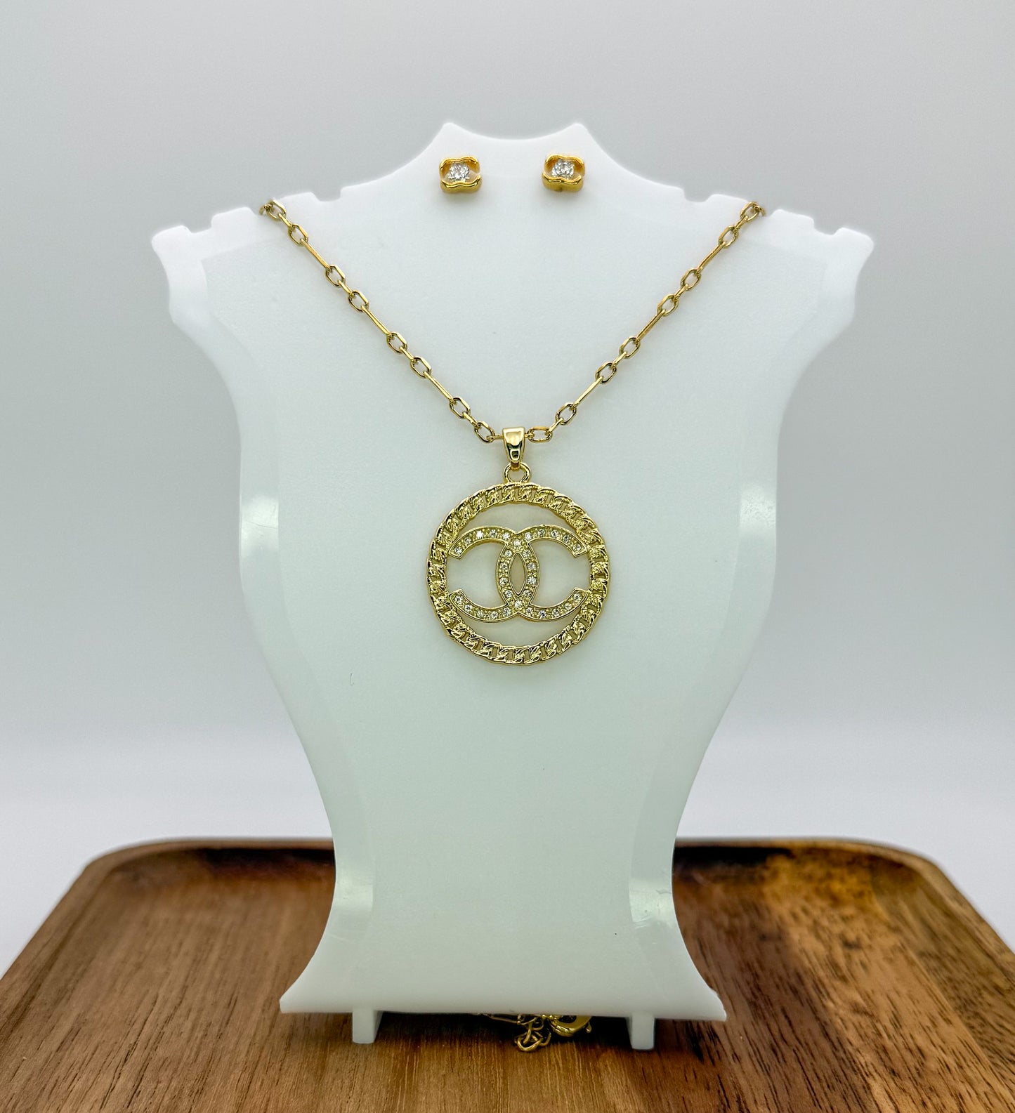 Gold CC Designer Round Pendant on 24k Gold Filled chain with Matching Gold CC Stud Earrings