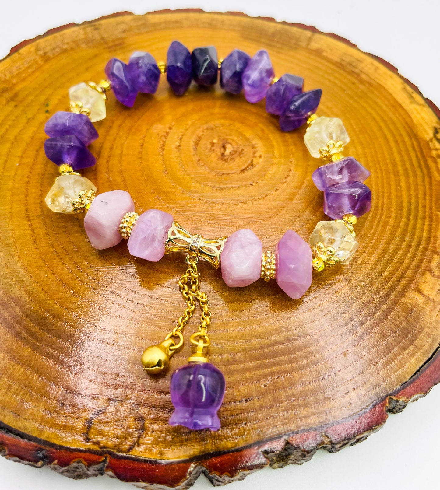 Natural Amethyst, Kunznite & Citrine Tulip Statement Bracelet