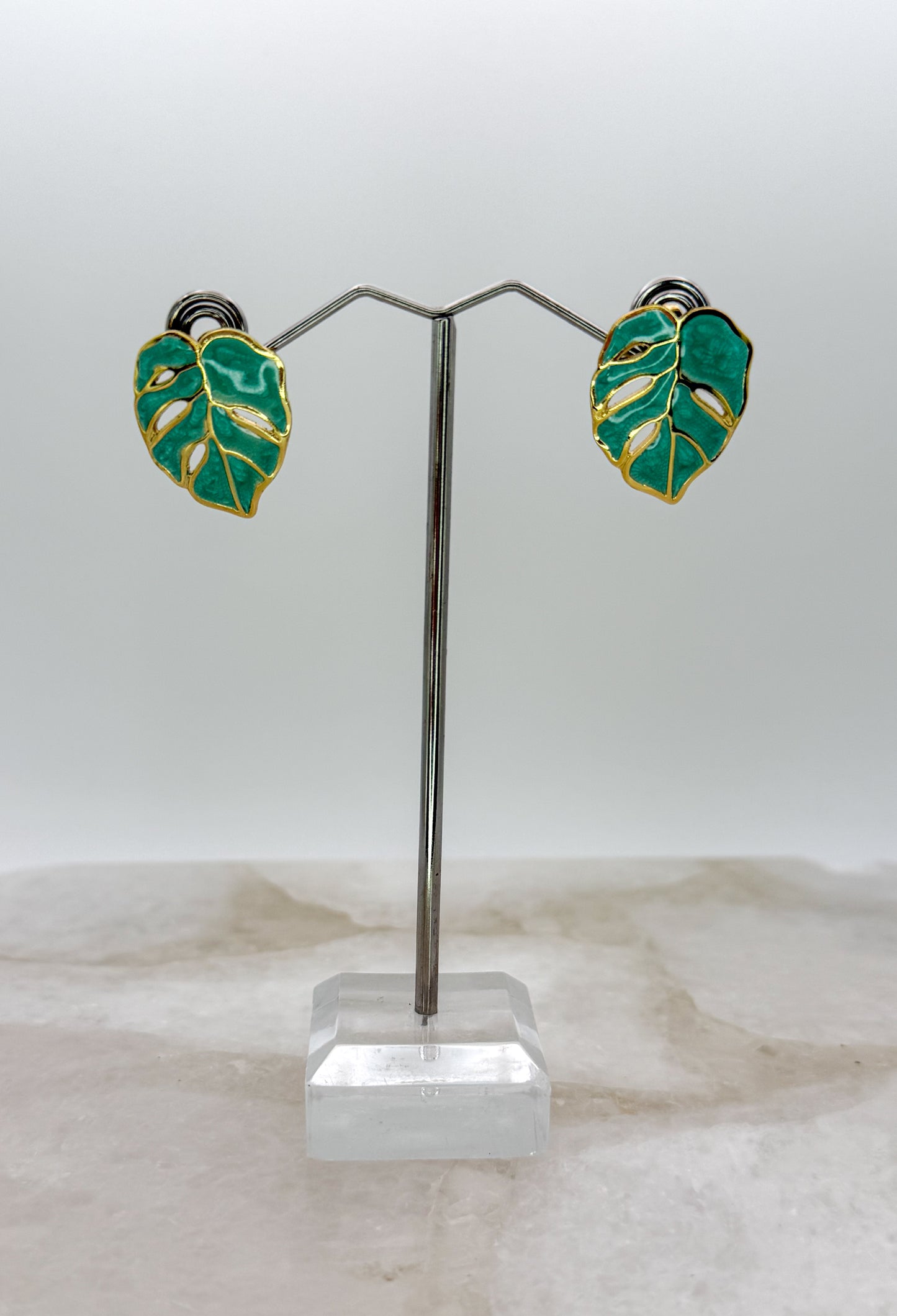 Colorful Monstera Leaf Gold Stainless Steel Stud Earrings