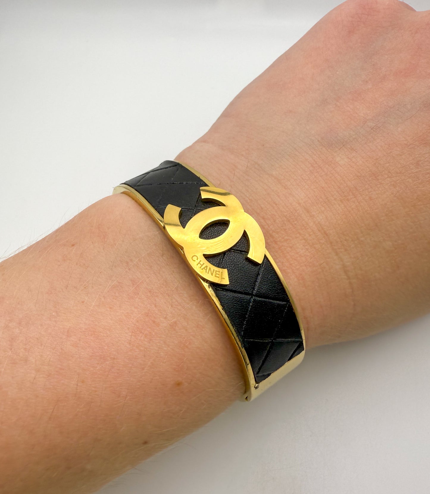 Thick Gold CC Bangle Bracelet with  Leather Wrap