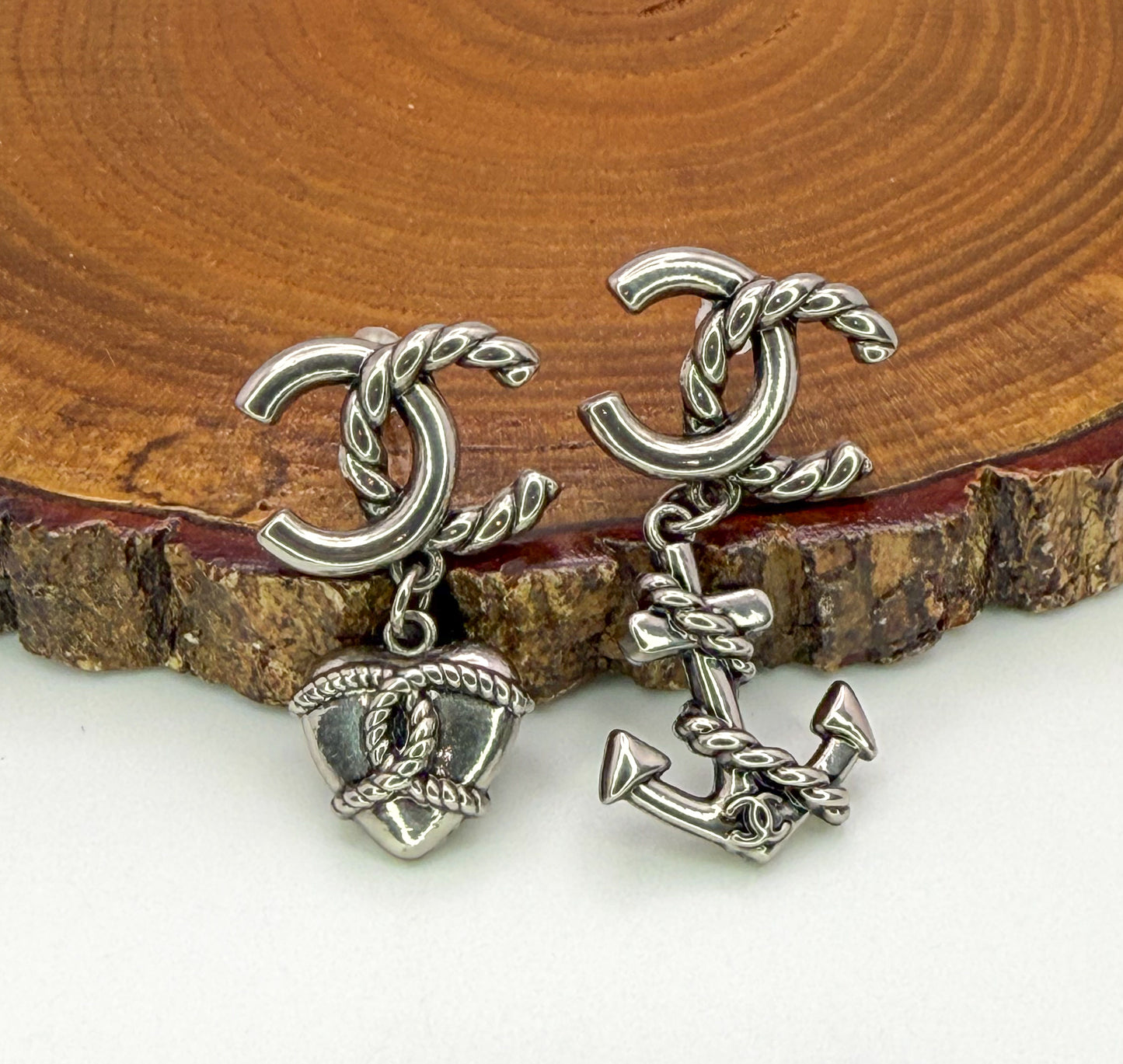 Antique Gold & Silver CC Designer Love & Anchor Stud Dangle Earrings