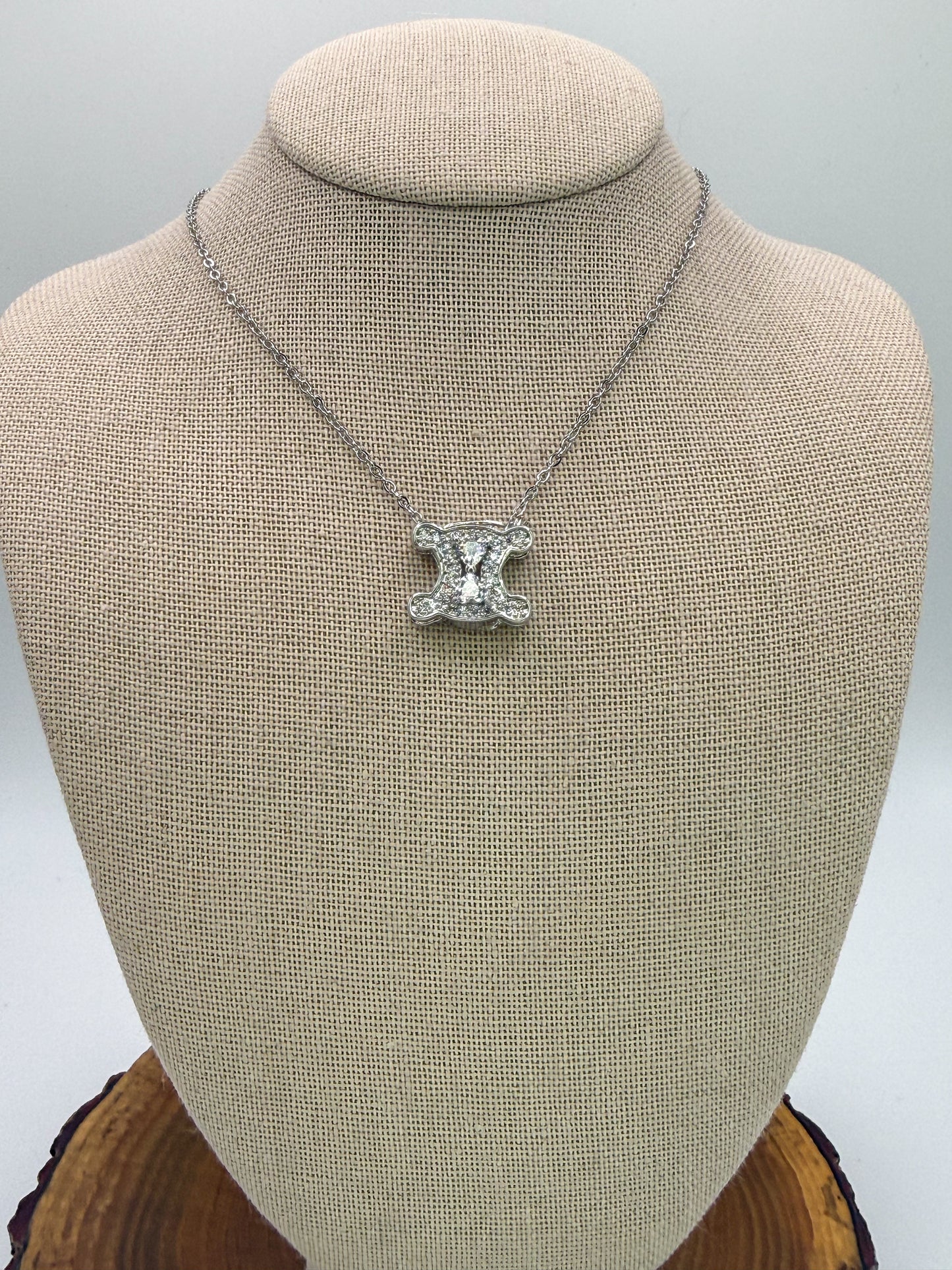 Silver Sparkly Celine Designer Logo Stainless Steel Necklace