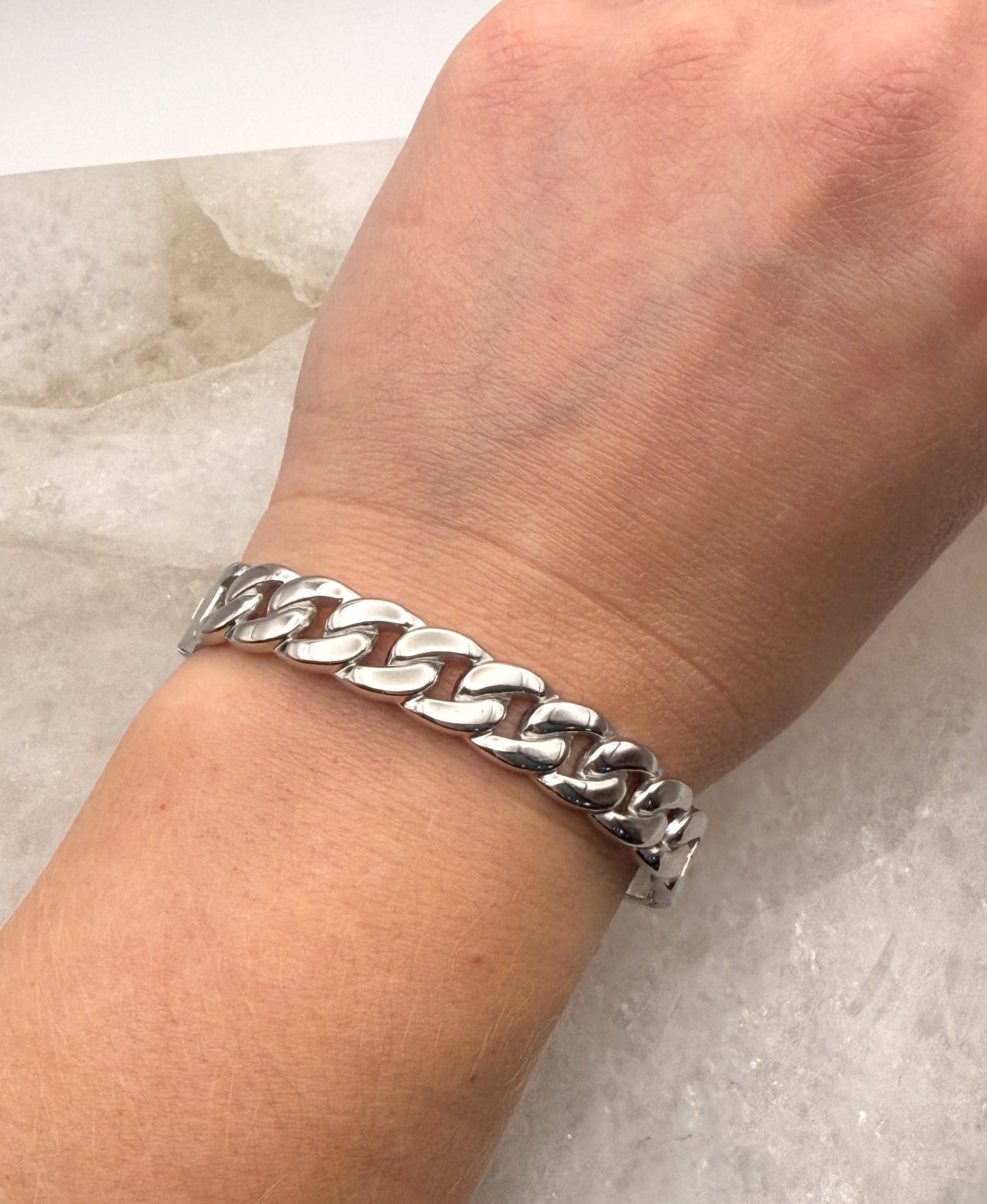 Silver Stainless Steel Cuban Chain Link Bangle Bracelet