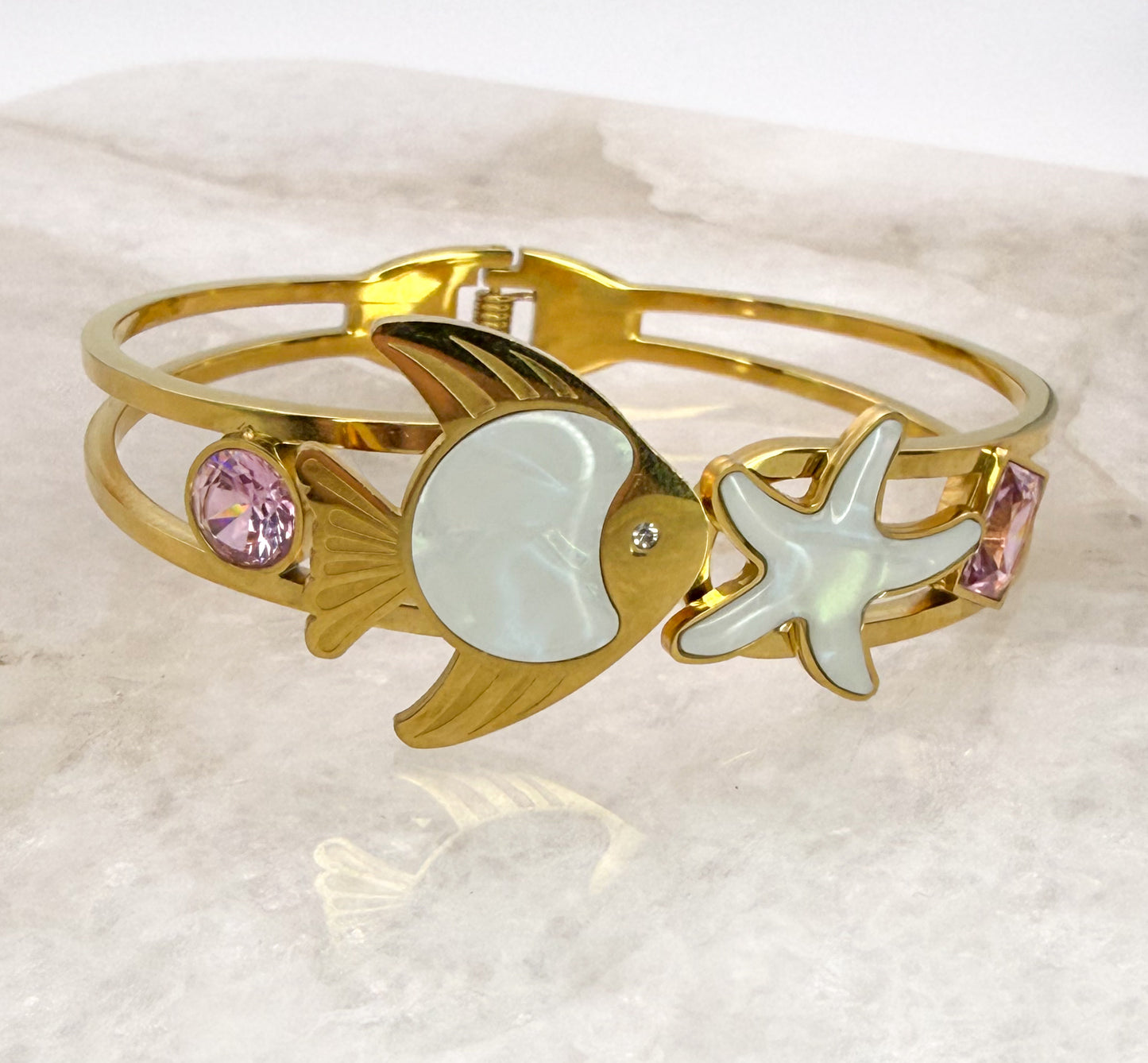 Gold Stainless Steel Sea Animal Open Front Bangle Bracelet
