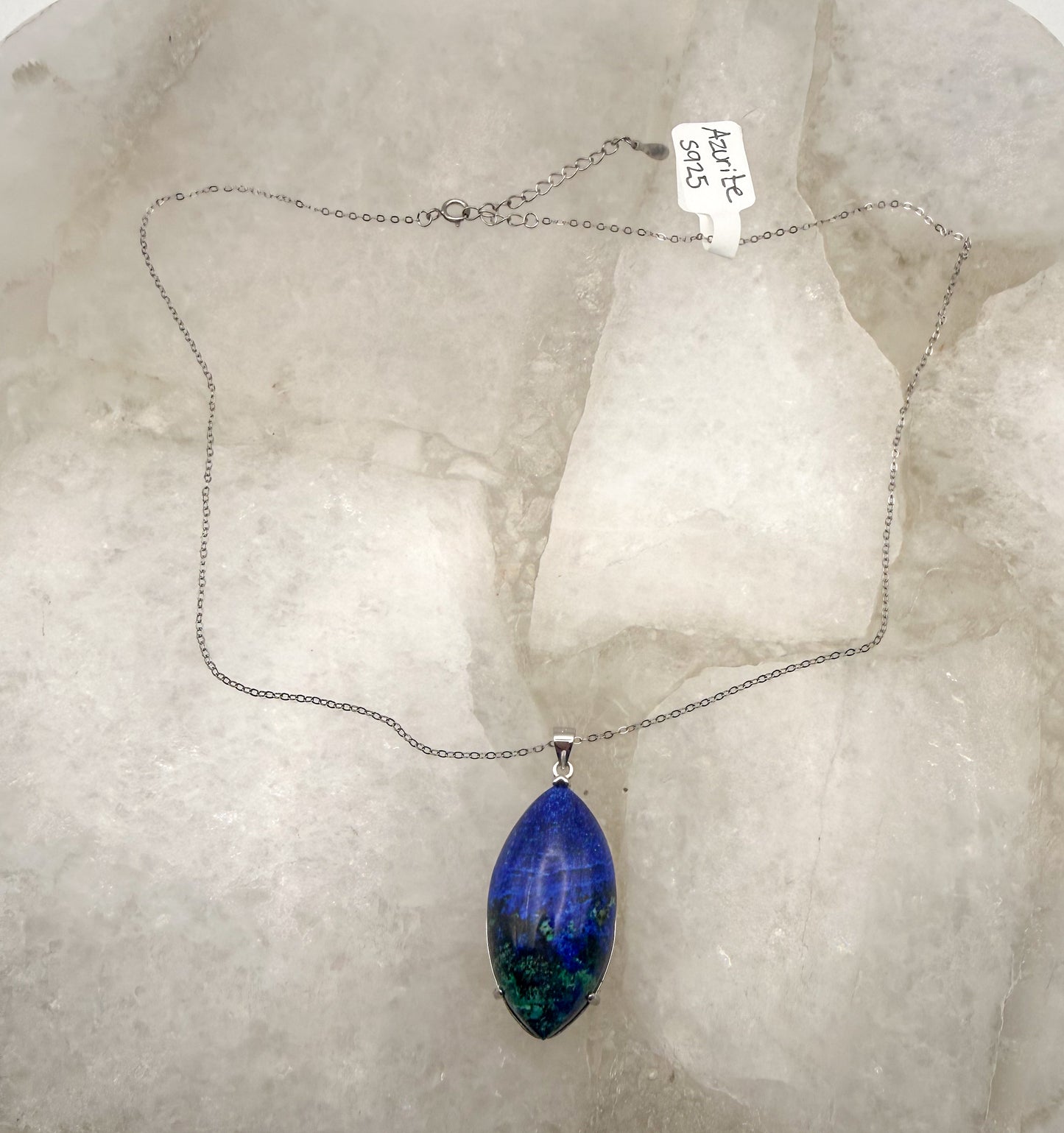 Natural Azurite Pendulum Pendant Stainless Steel Chain Necklace