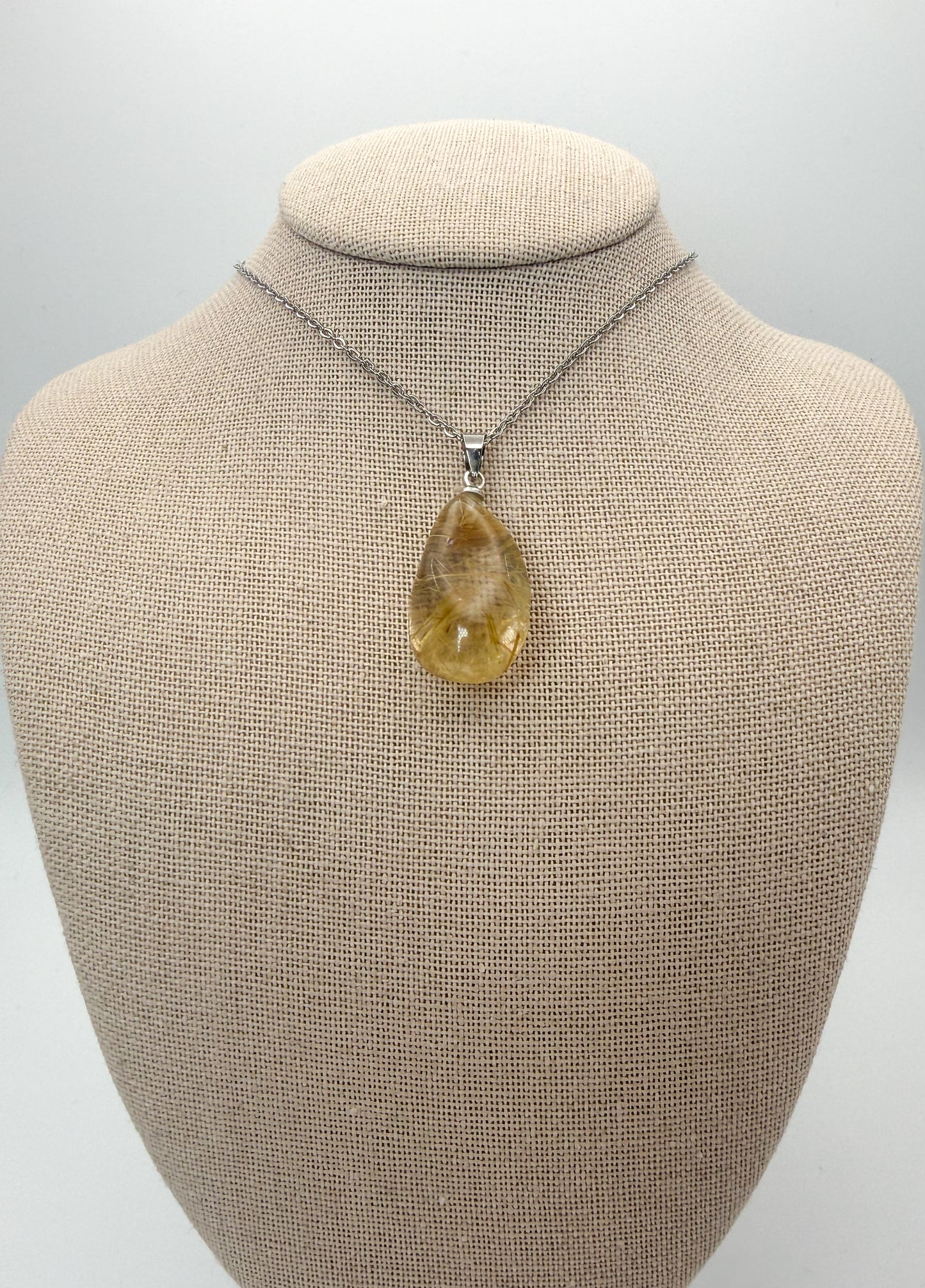 Natural Golden Rutilated Quartz Crystal Teardrop Pendant Stainless Steel Chain Necklace