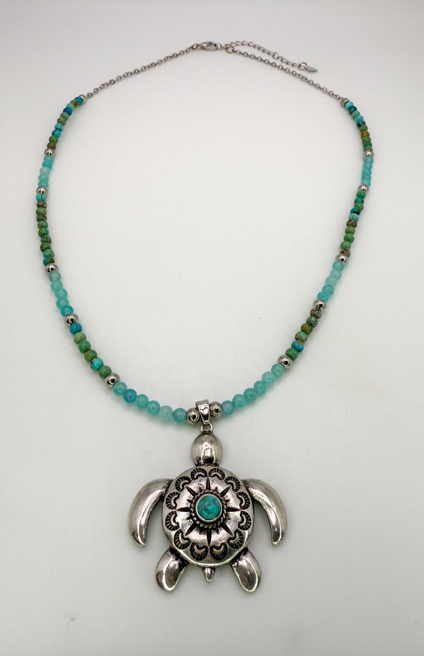Natural Turquoise & Amazonite Crystal Beaded Necklace with Silver Sea Turtle Pendant