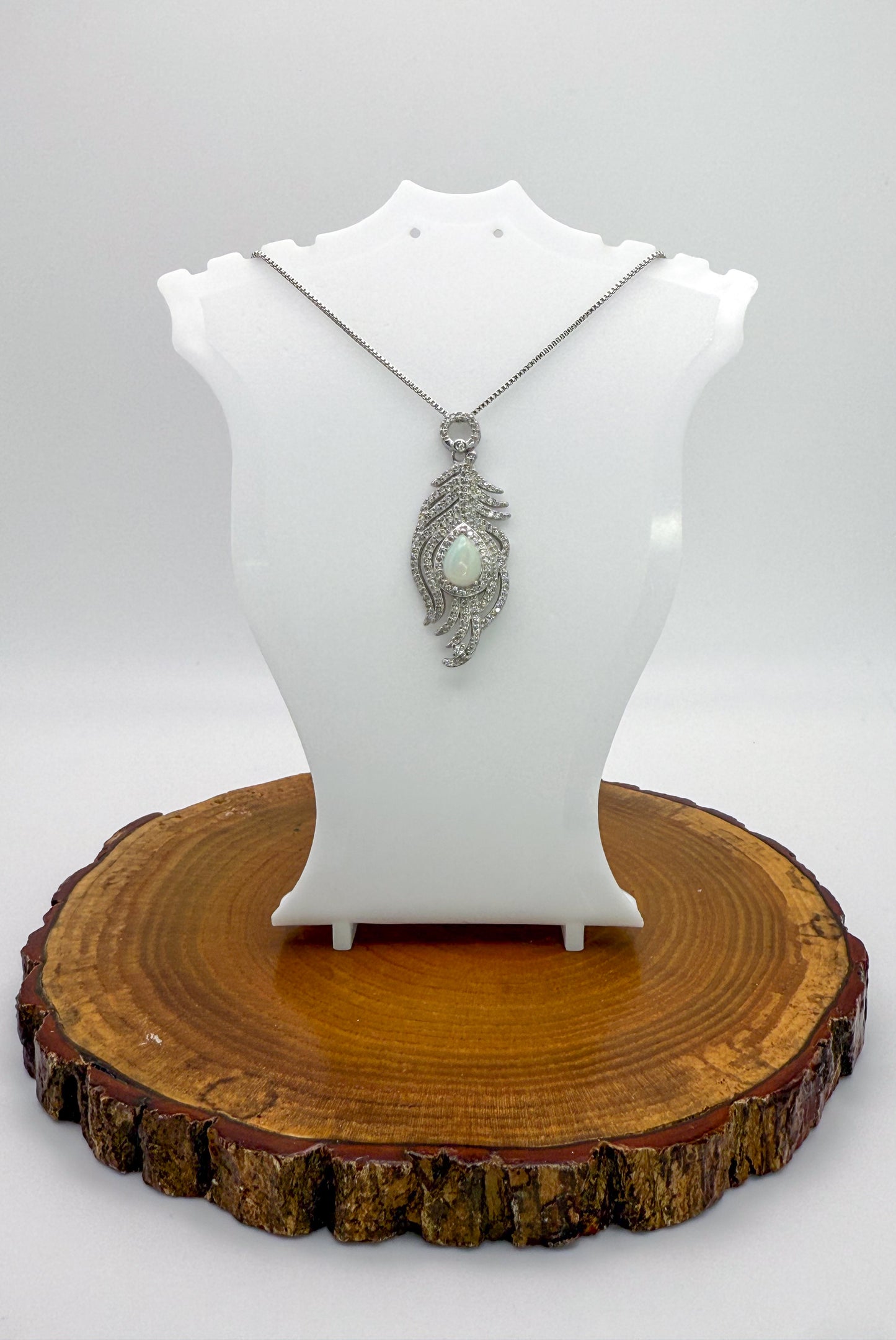 Natural White Opal Sterling Silver Feather Pendant Necklace