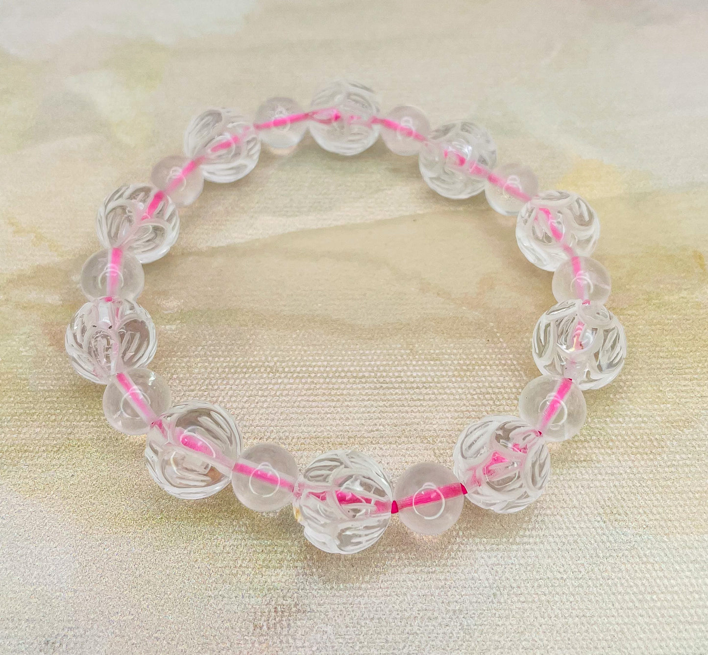 Lotus Craved Natural Crystal Beaded Bracelets- Clear Quartz, Rose Quartz