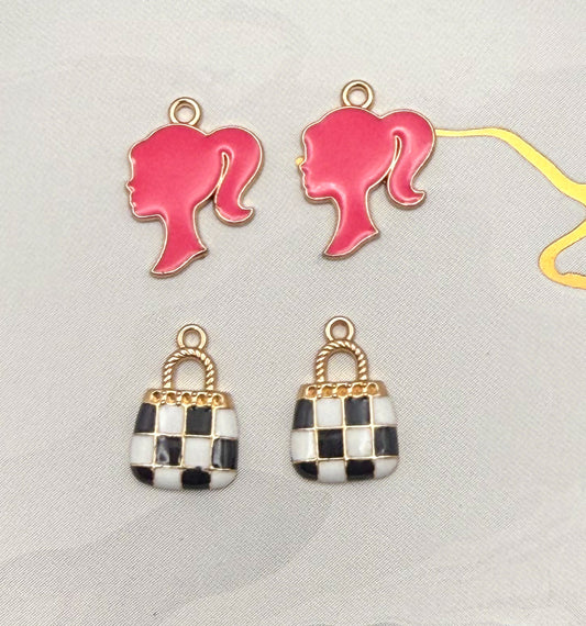 Pink Enamel Barbie Head & Checker Purse Bag DIY Metal Charms