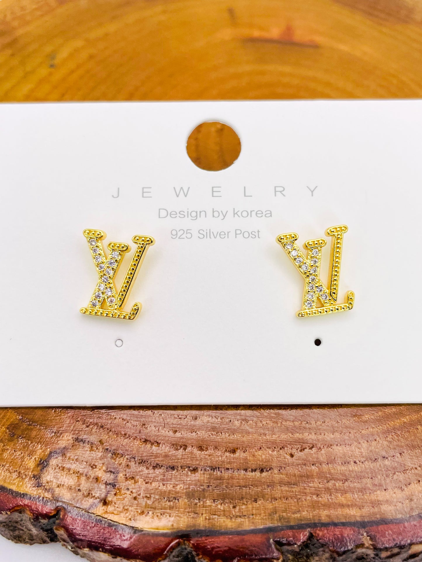 14k Gold overlay S925 Sterling Silver LV Stud Earrings