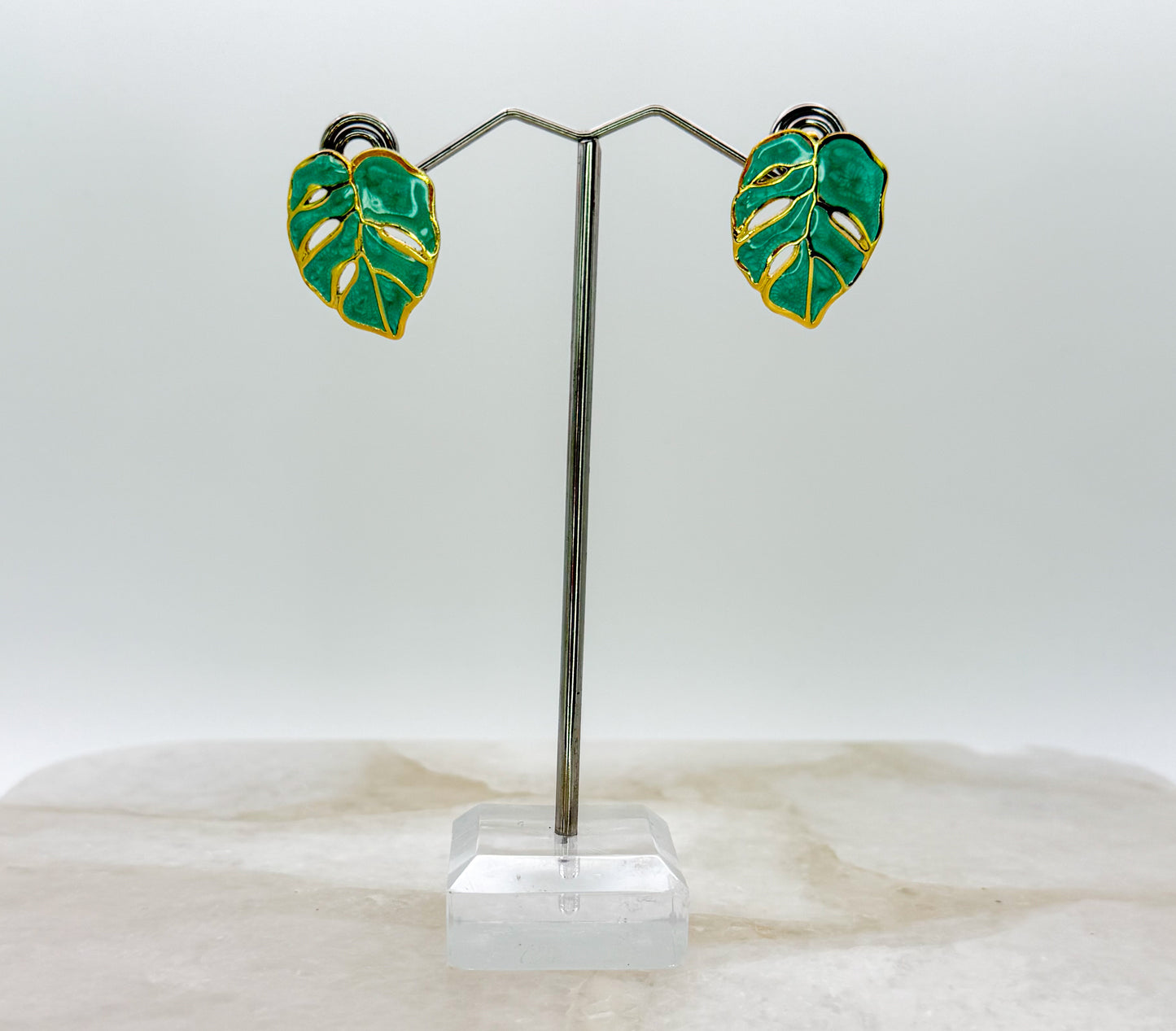 Colorful Monstera Leaf Gold Stainless Steel Stud Earrings