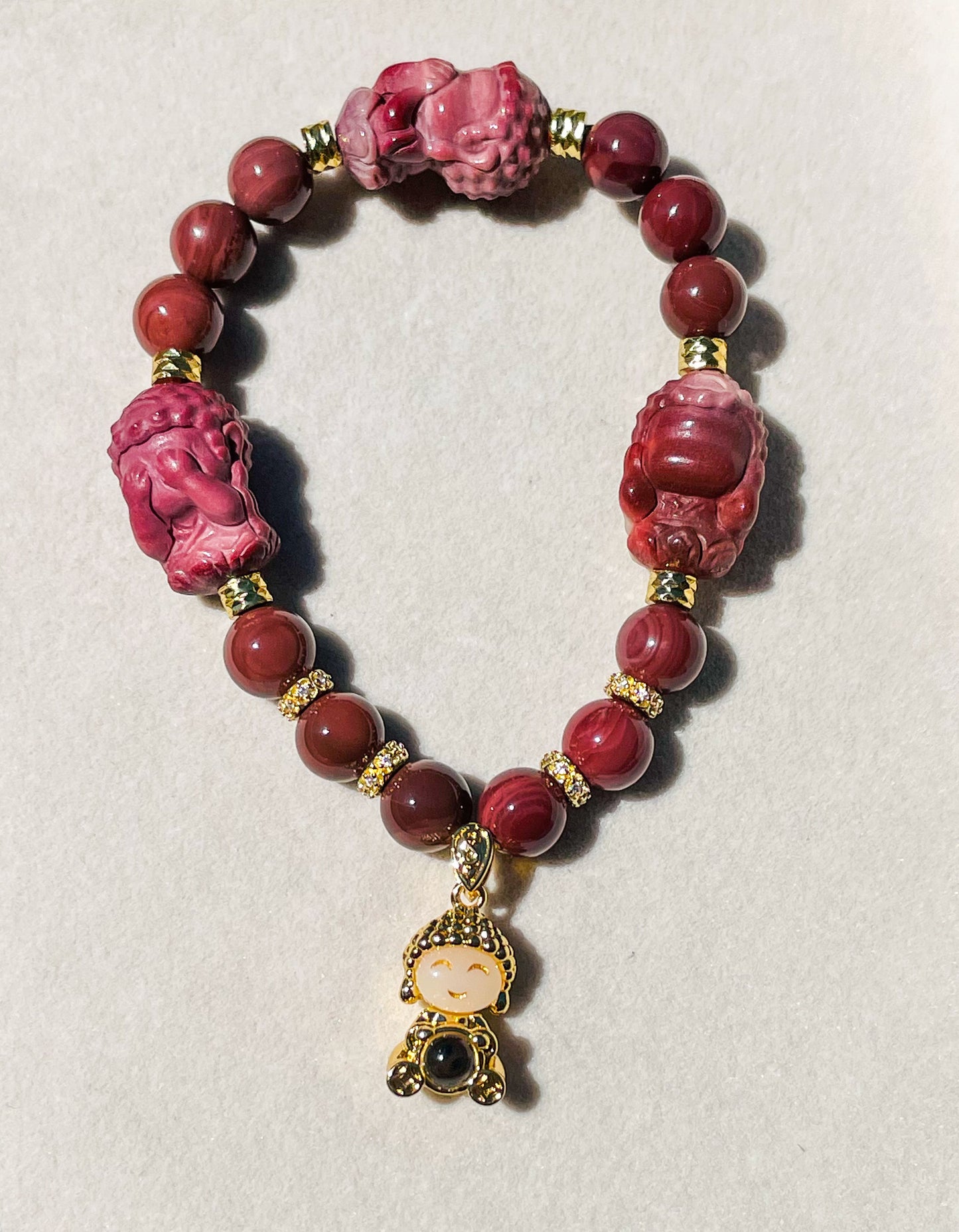 Hear, See & Speak No Evil Baby Budda Sitting on Lotus Natural Alashan Agate Crystal Carving Beaded Stretch Adjustable Bracelet