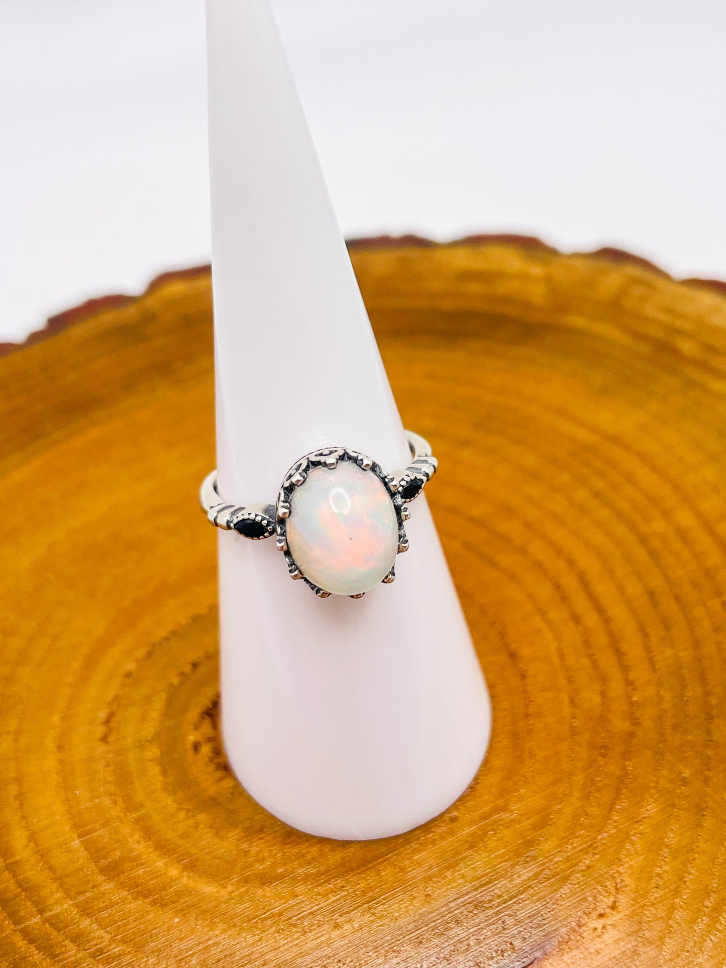 Sterling Silver Big White Opal Statement Adjustable Ring