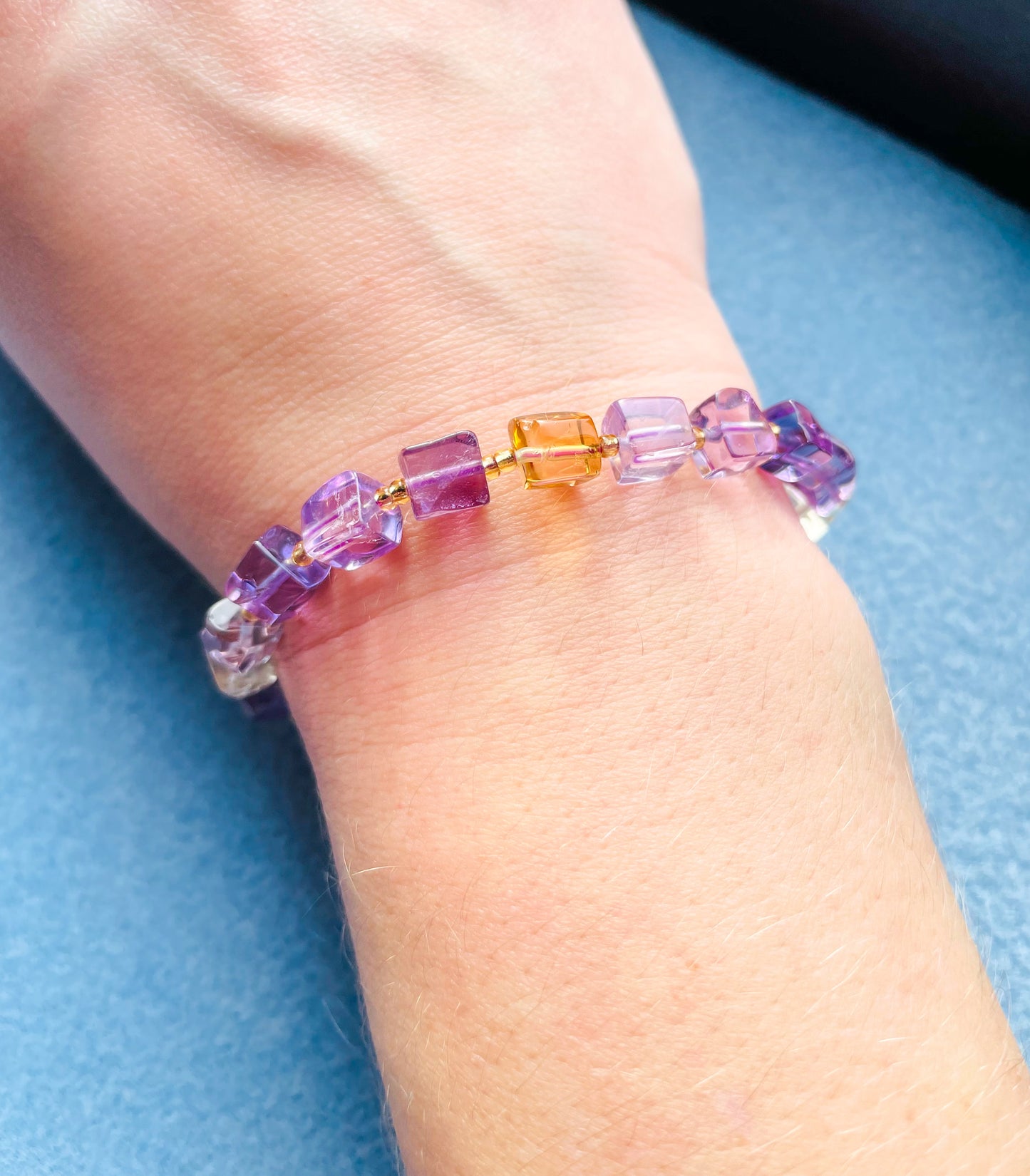 Natural Ametrine Square Shaped Crystal Stretchy Bracelet