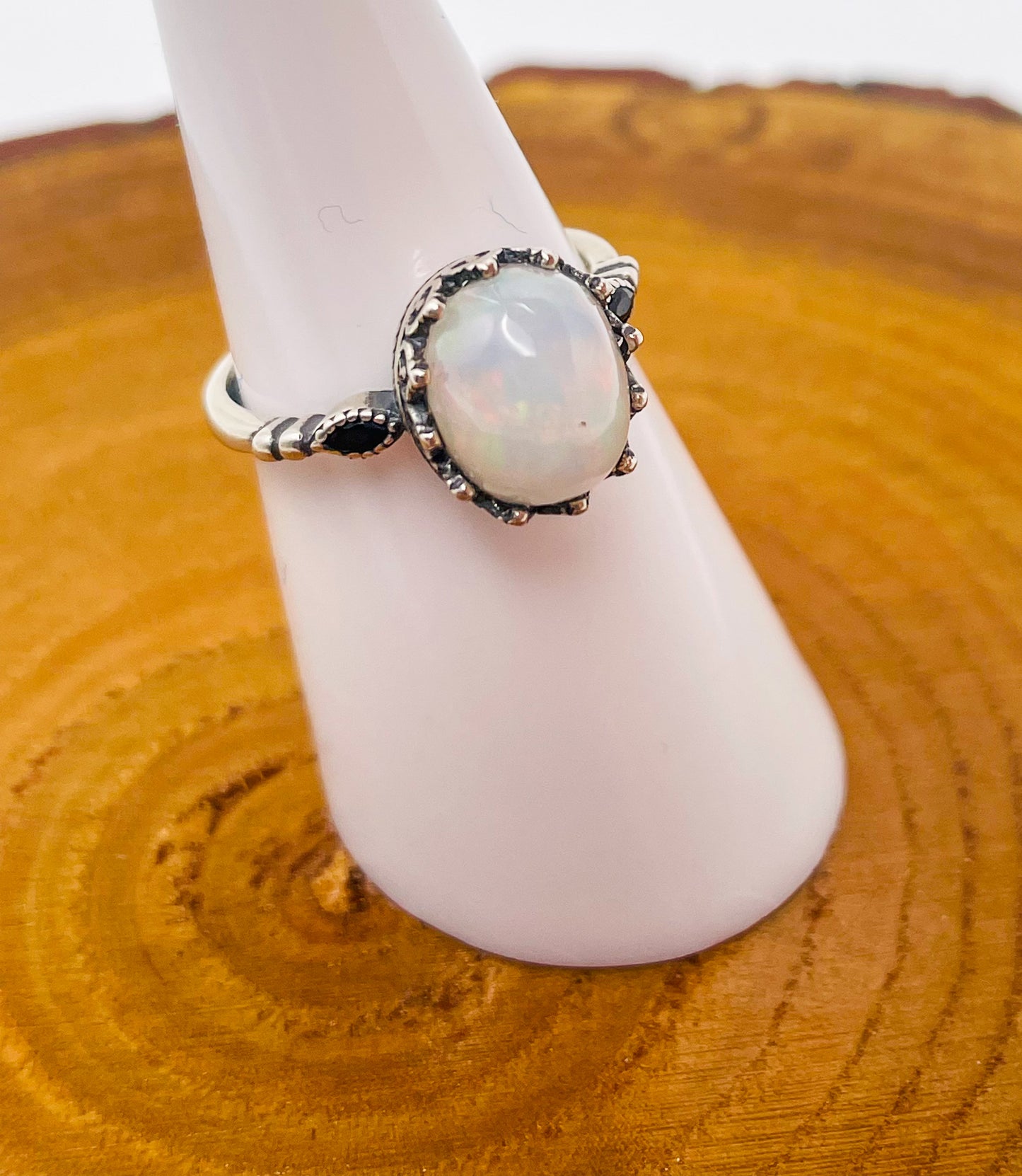 Sterling Silver Big White Opal Statement Adjustable Ring