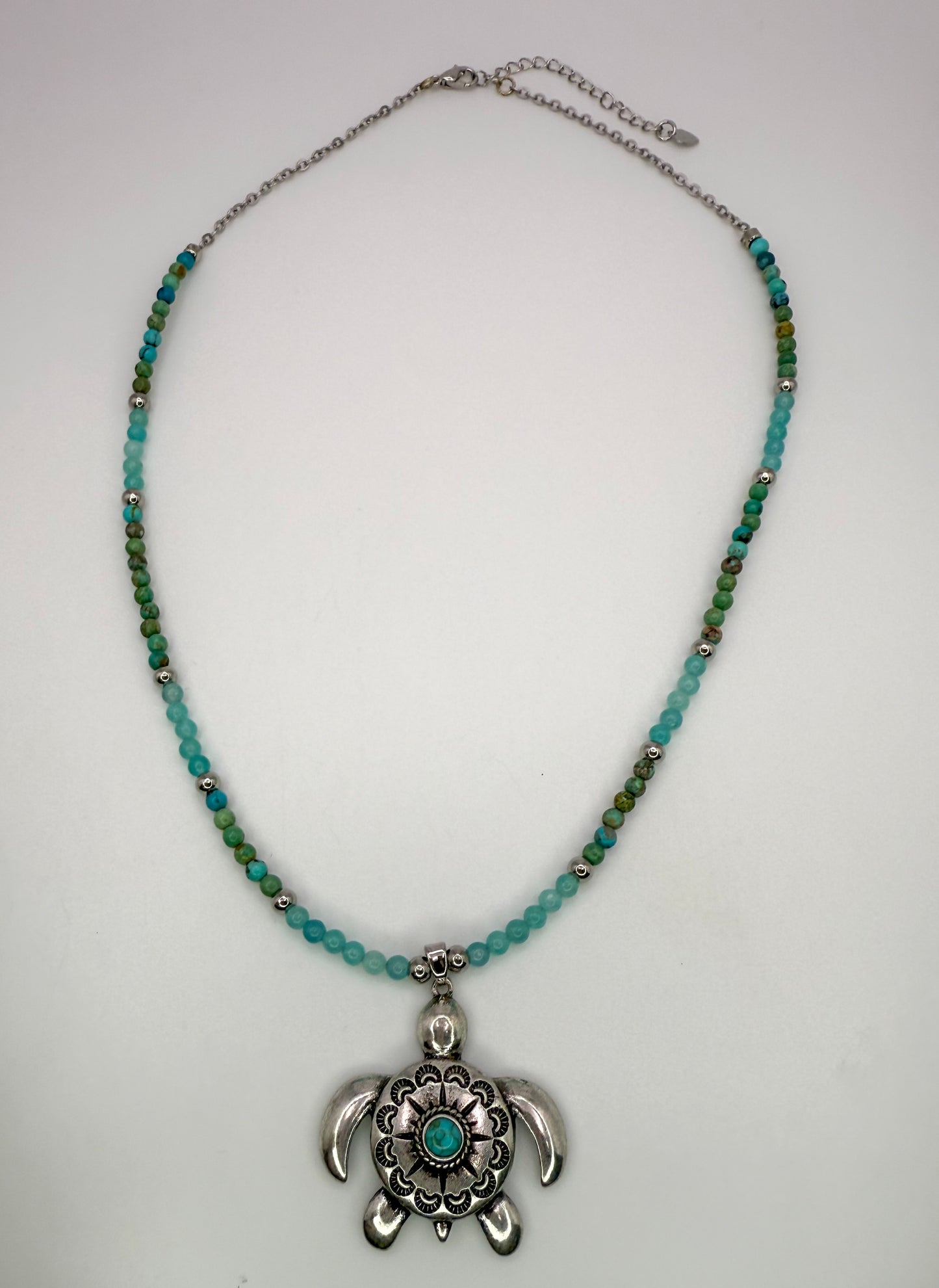Natural Turquoise & Amazonite Crystal Beaded Necklace with Silver Sea Turtle Pendant