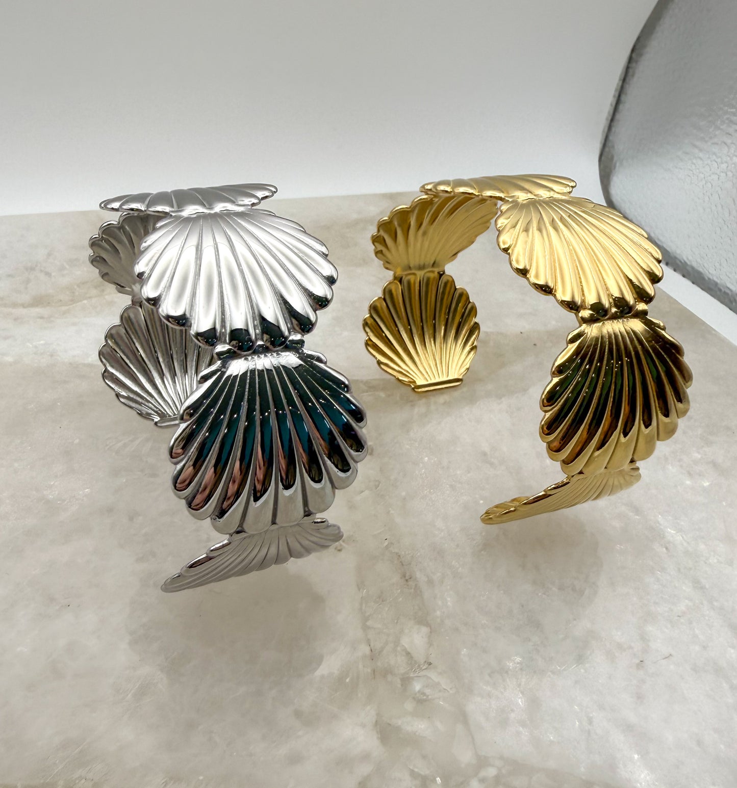 Scallop SeaShell Stainless Steel Gold or Silver Plated Open Back Adjustable Cuff Bangle Bracelet