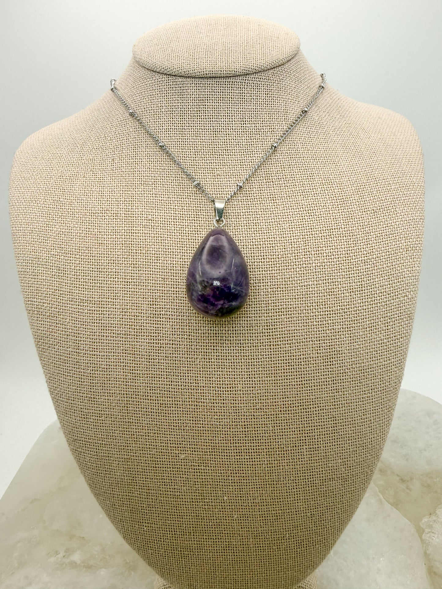 Natural Amethyst Teardrop Pendant Stainless Steel Chain Necklace