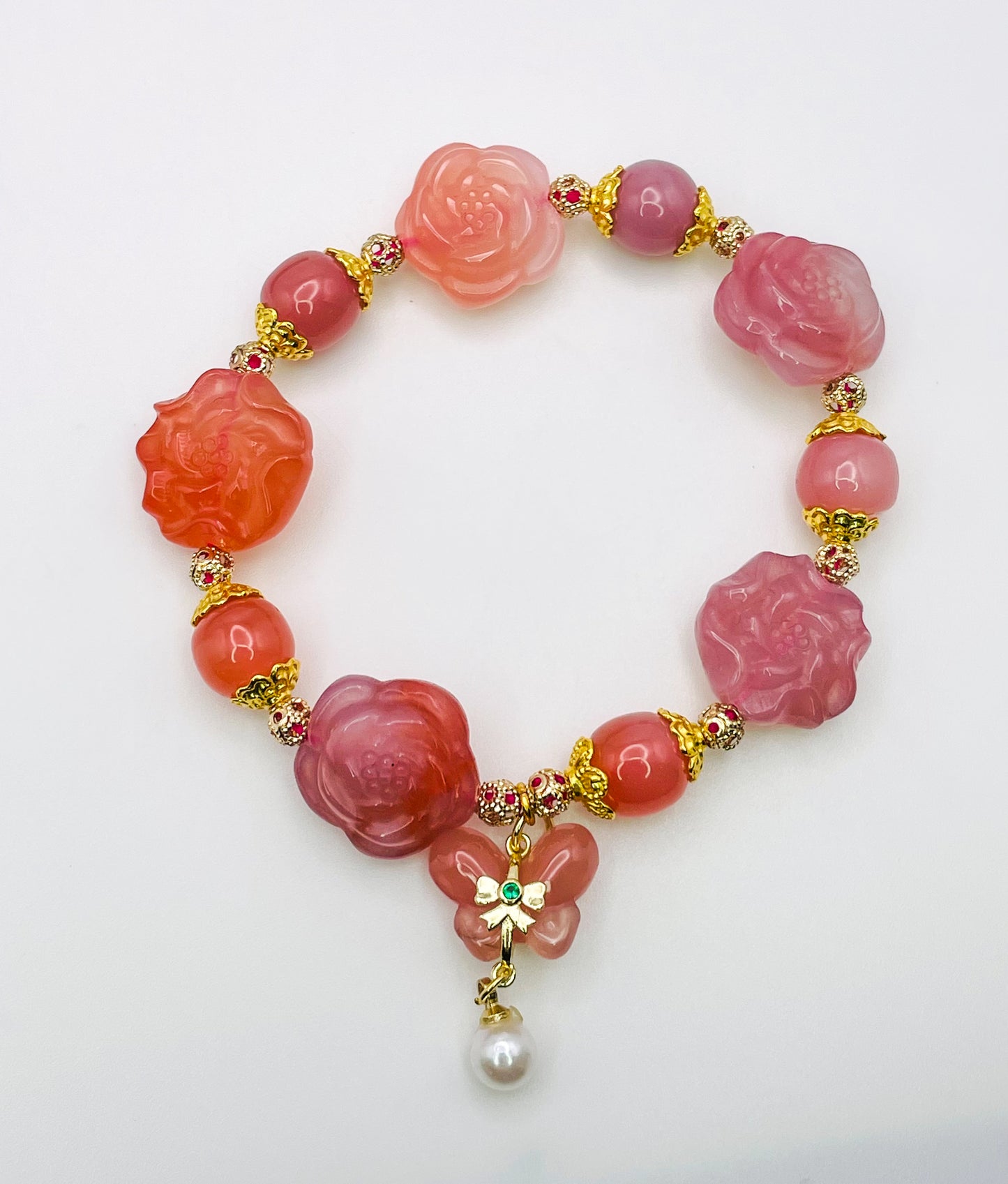 Natural Yanyuan Agate Peony Flower with Butterfly Dangle Carving Adjustable Stretchy Bracelet