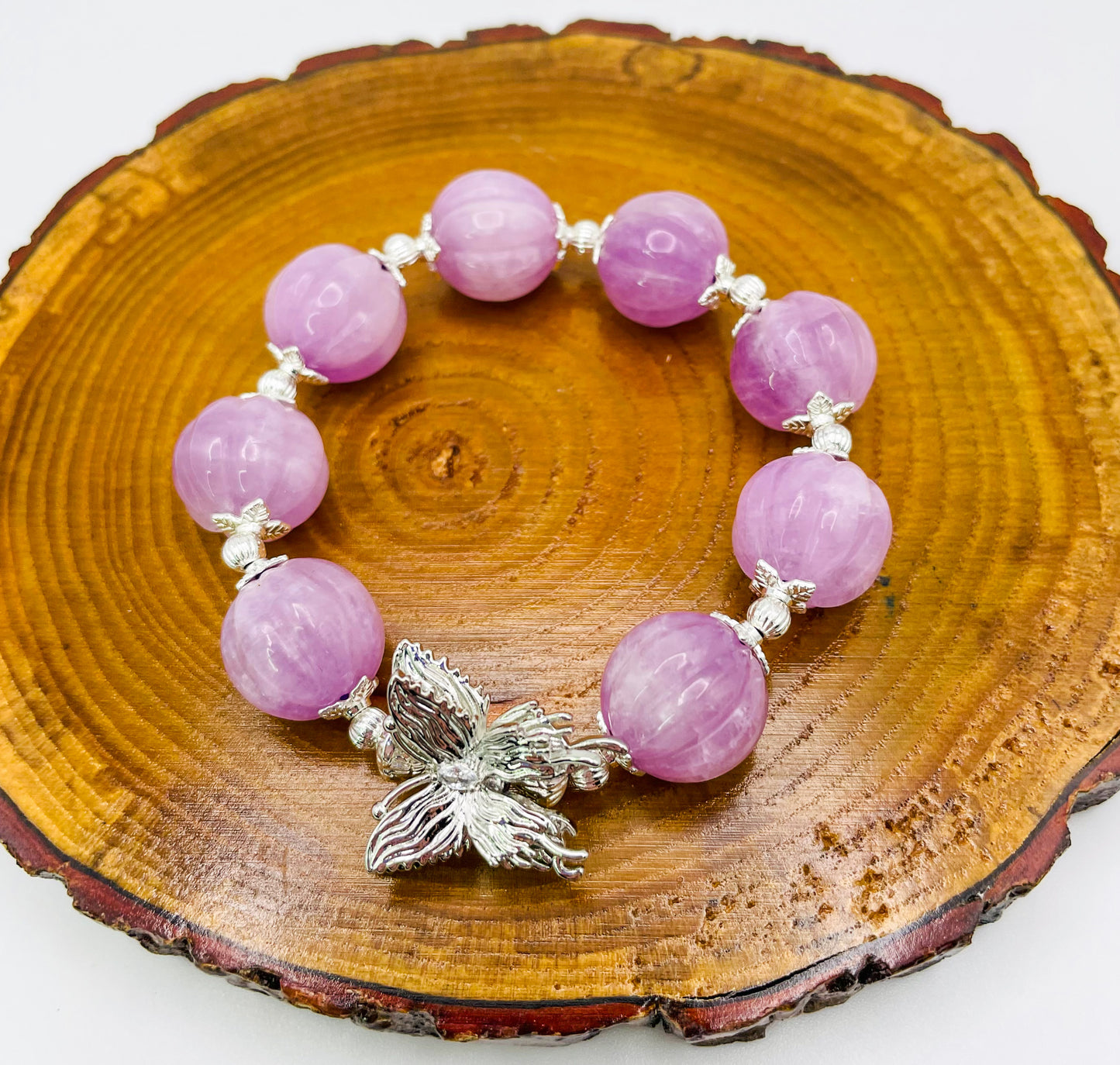 Natural Kunzite Pumpkin Craving Crystal Bracelet with Silver Double Butterfly Charm