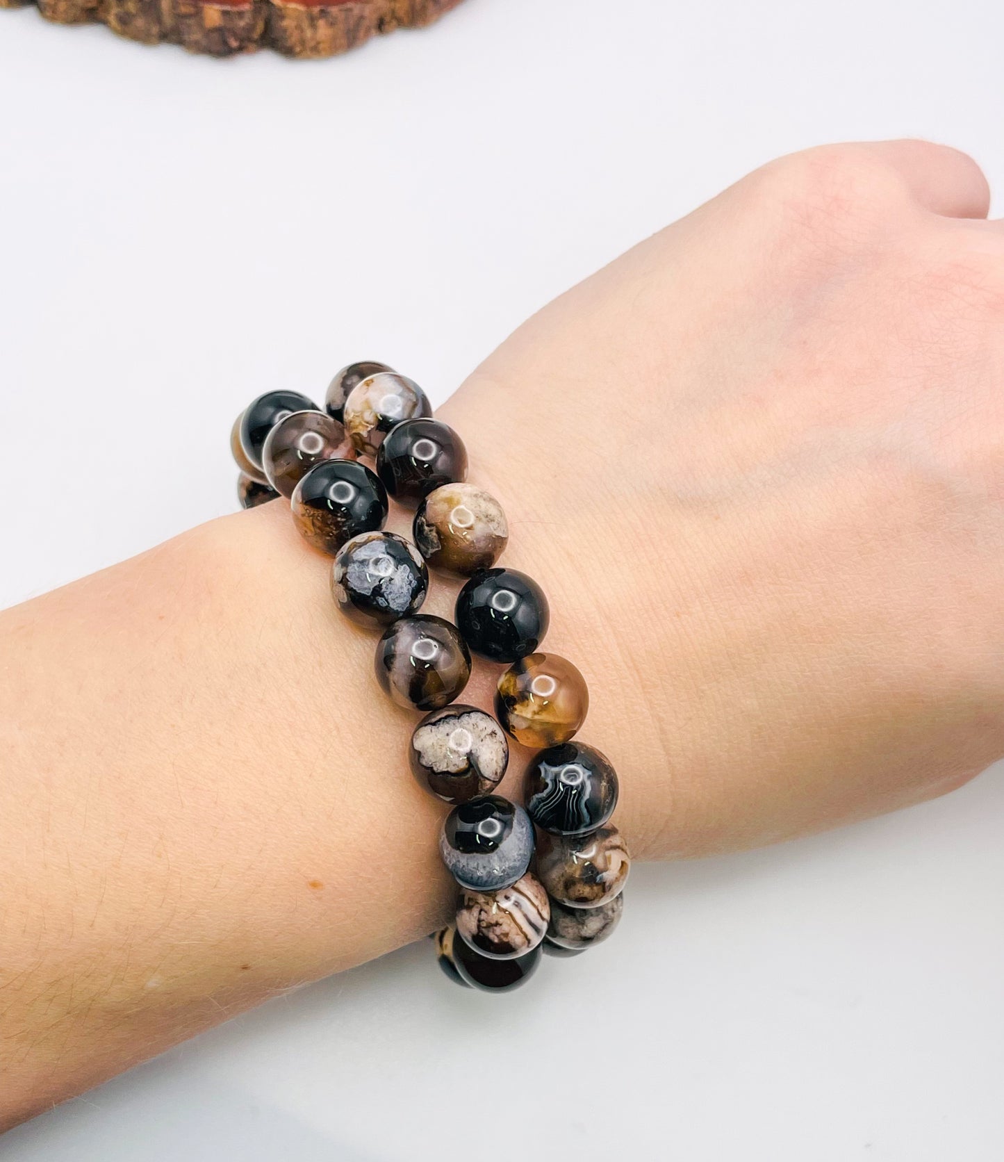 Natural Black Flower Agate Crystal Beaded Stretch Adjsutable Bracelet