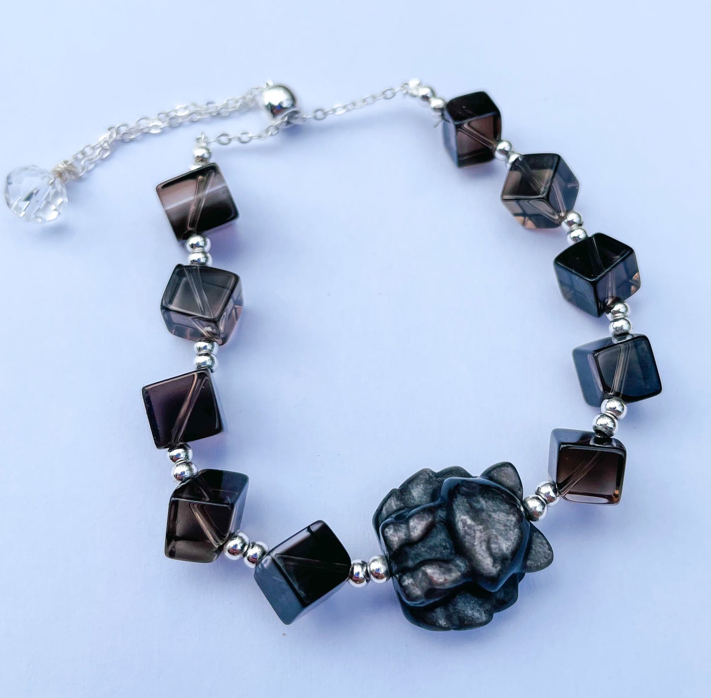 Natural Silver Obsidian 9 Tailed Fox & Smoky Quartz Irregular Beaded Adjustable Chain Bracelet