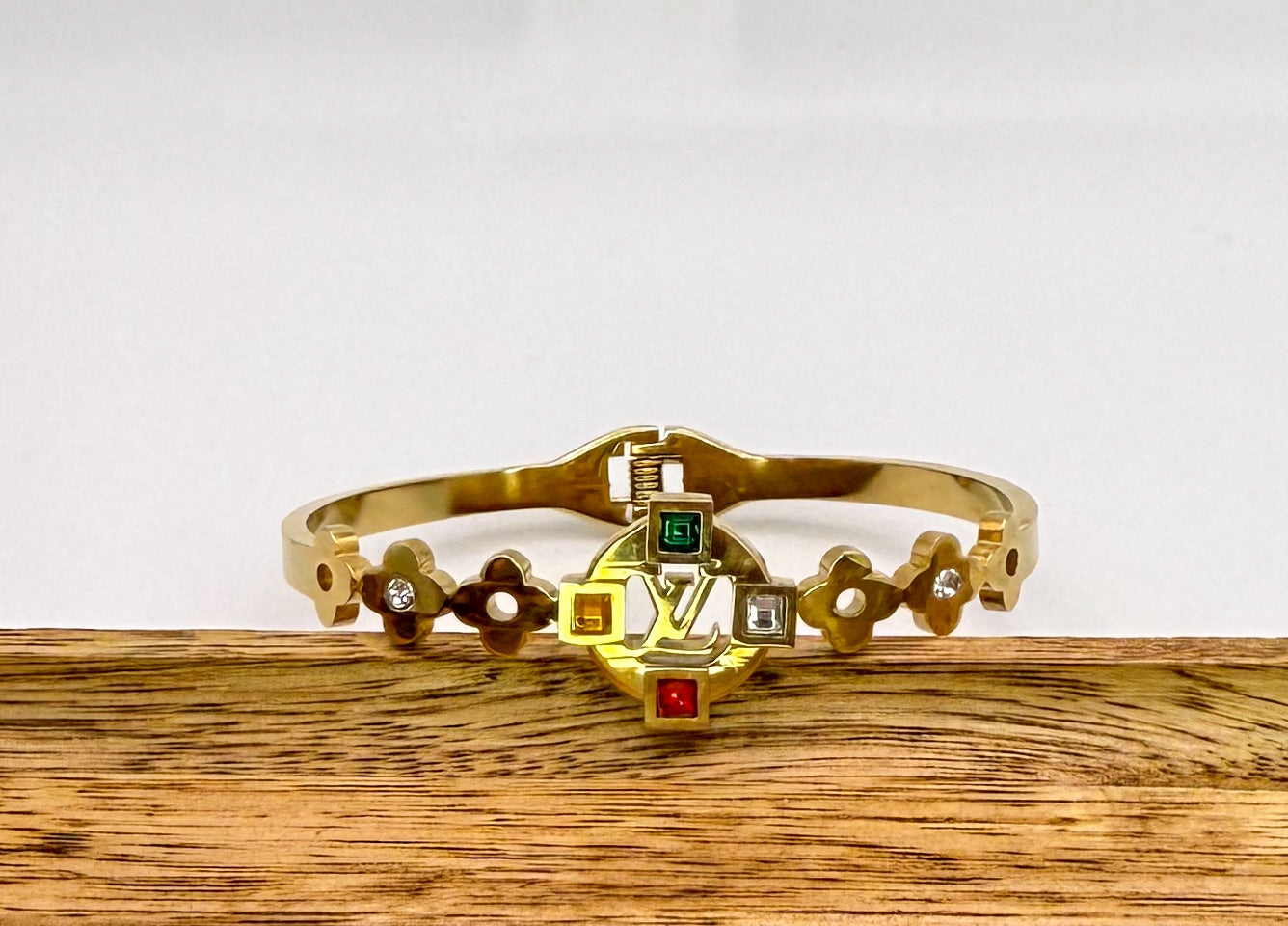 Gold LV Open Front Bangle Bracelet with Colorful Zircon