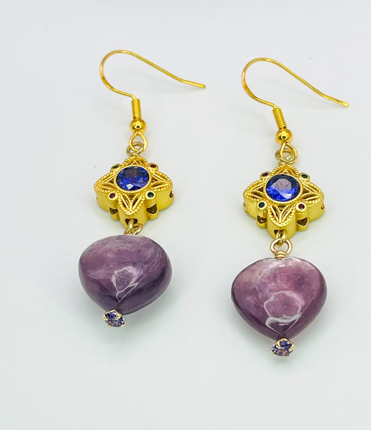 Natural Lepidolite Heart Gold Earrings