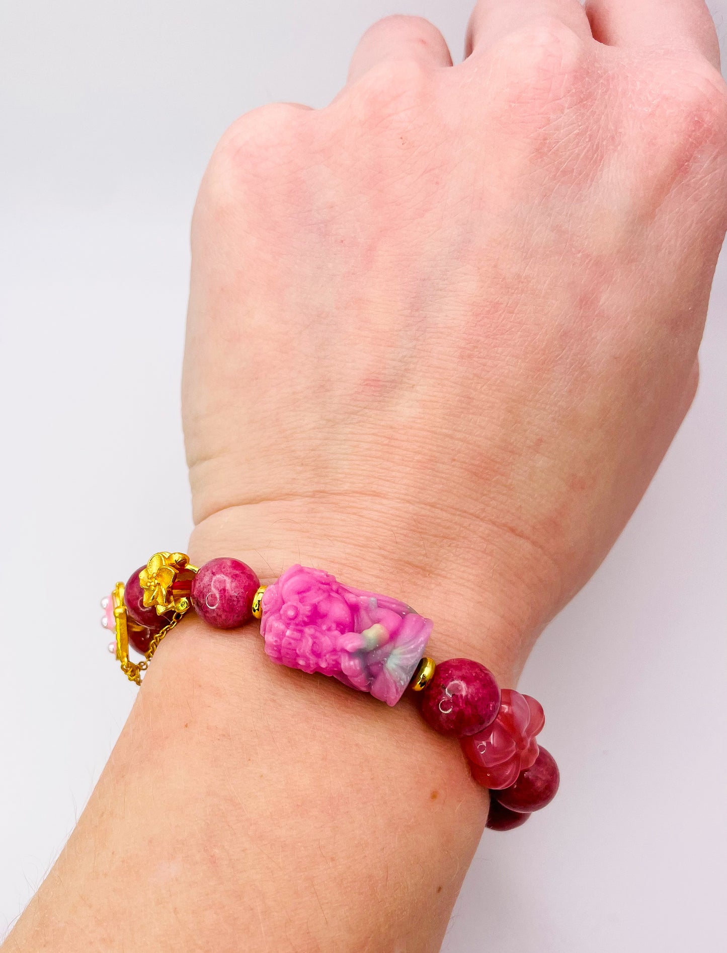 Goddess of Protection Drashi Llamo Pink Rhodonite Statement Bracelet