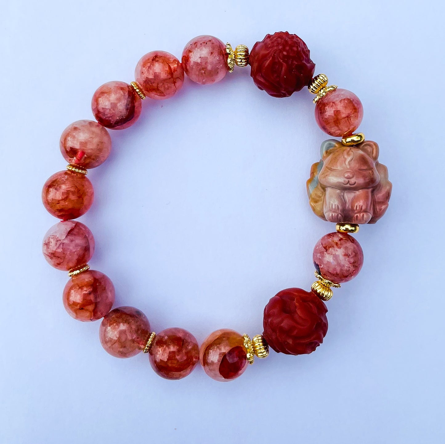 Natural Fire Quartz with Natural Alashan Agate & Red Jasper 9 Tailed Fox Crystal Carving Beaded Stretch Adjustable Bracelet