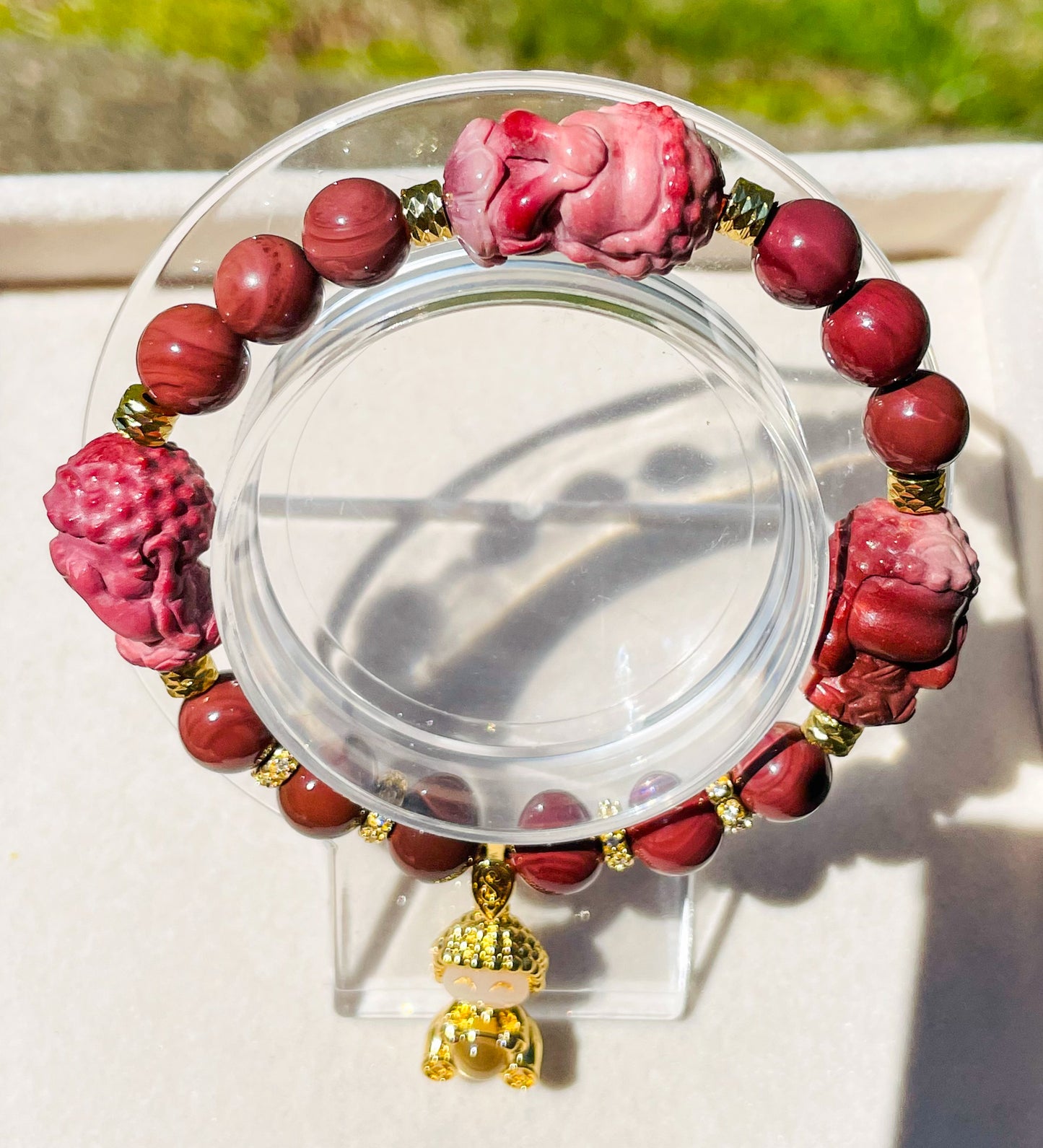 Hear, See & Speak No Evil Baby Budda Sitting on Lotus Natural Alashan Agate Crystal Carving Beaded Stretch Adjustable Bracelet