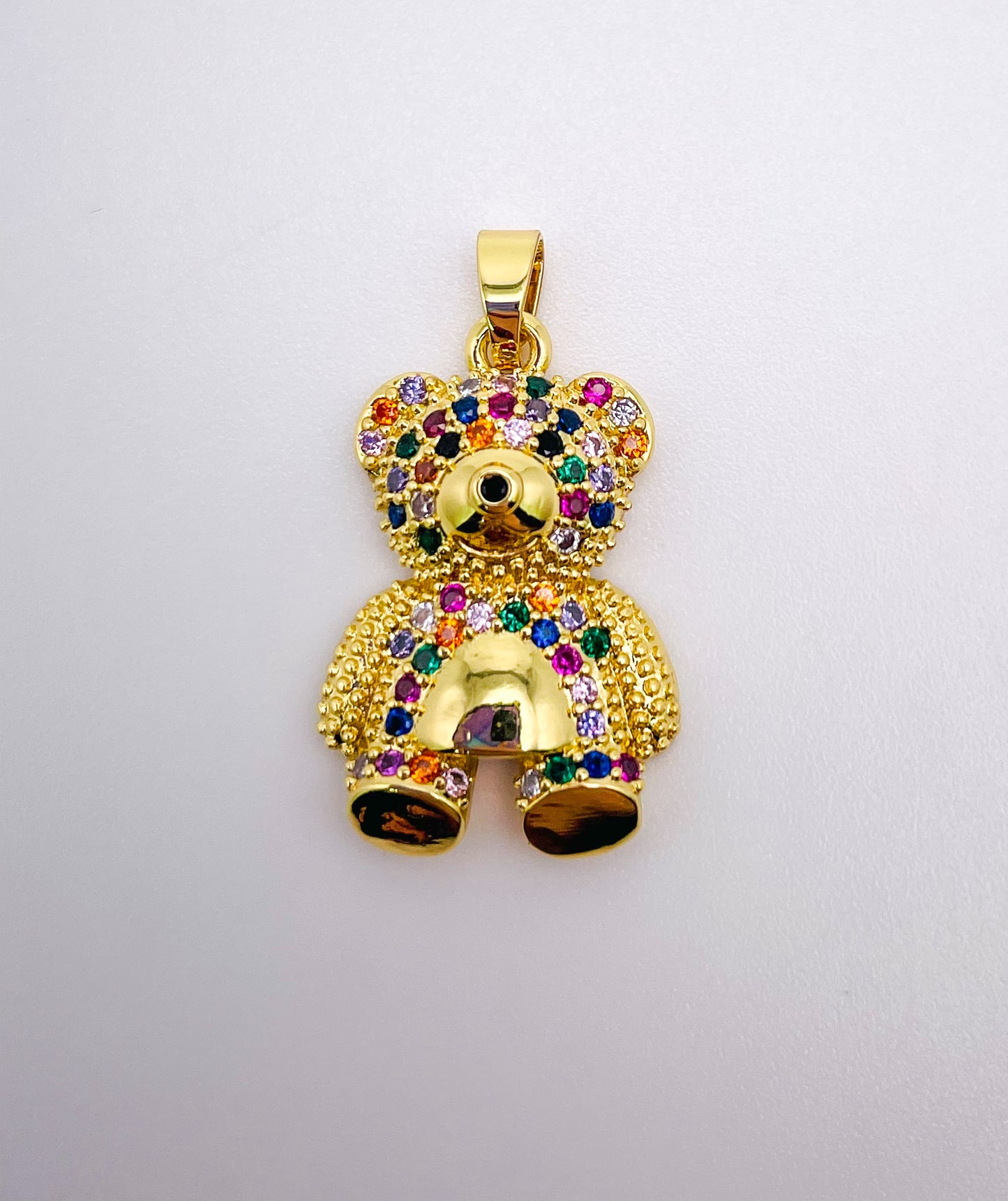 Gold Teddy Bear Pendant with Multicolored Micro Pave Zirconia Gems