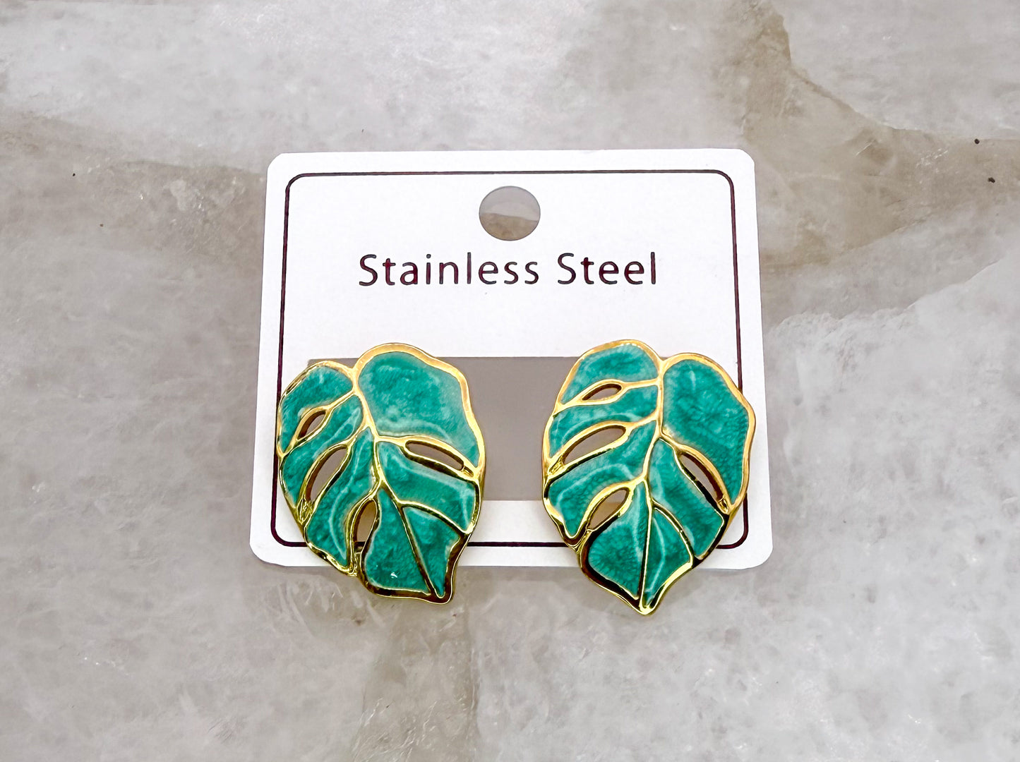 Colorful Monstera Leaf Gold Stainless Steel Stud Earrings