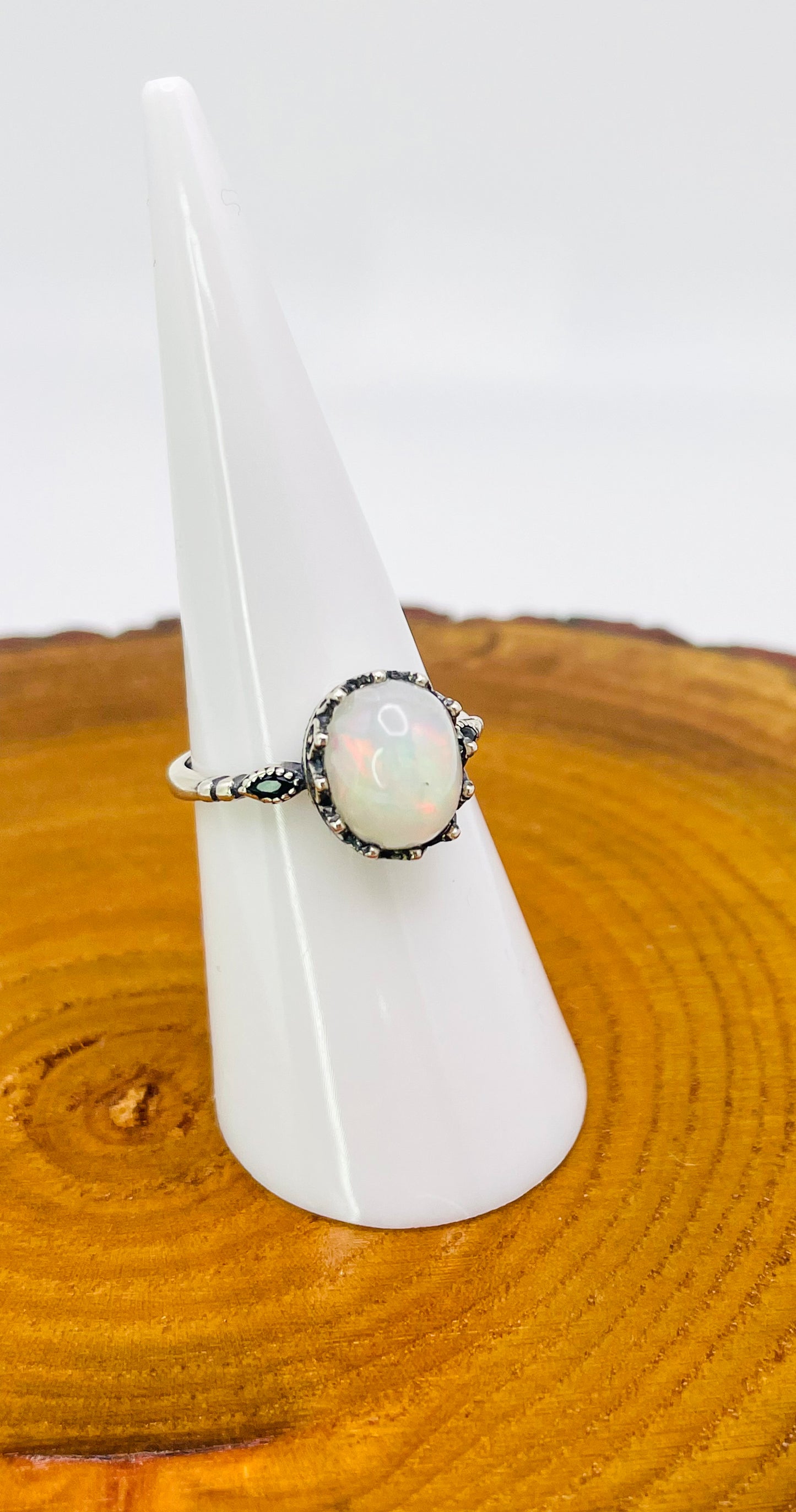 Sterling Silver Big White Opal Statement Adjustable Ring