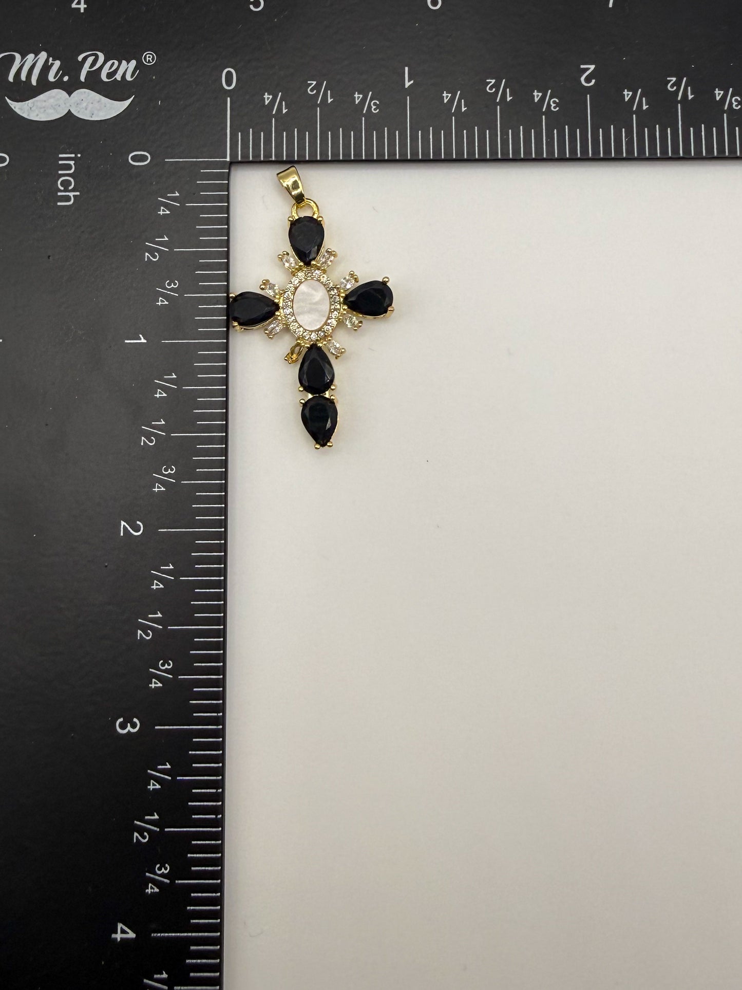 Black Zircon & Mother of Pearl Shell Gold Cross Charm Pendant