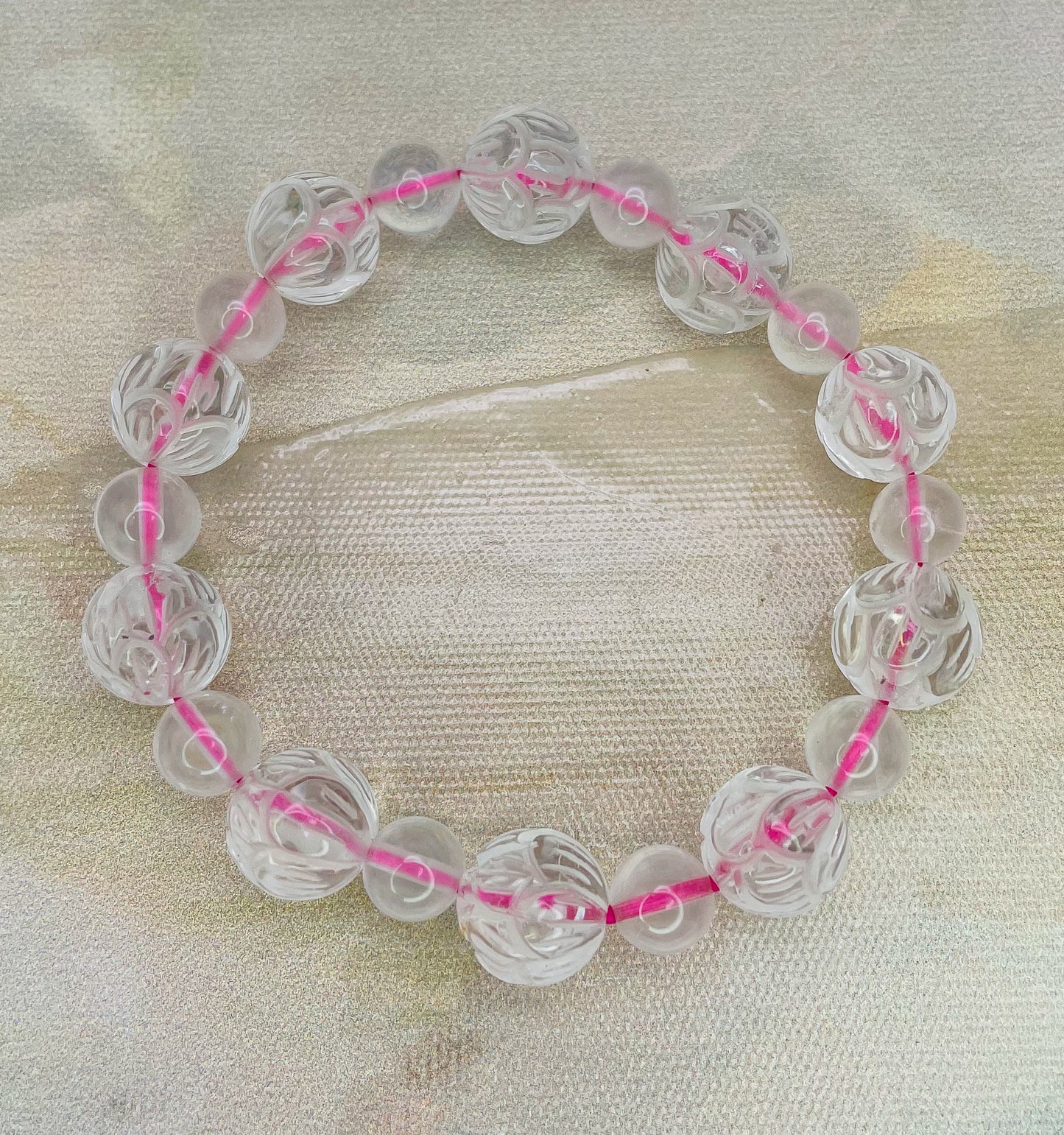 Lotus Craved Natural Crystal Beaded Bracelets- Clear Quartz, Rose Quartz