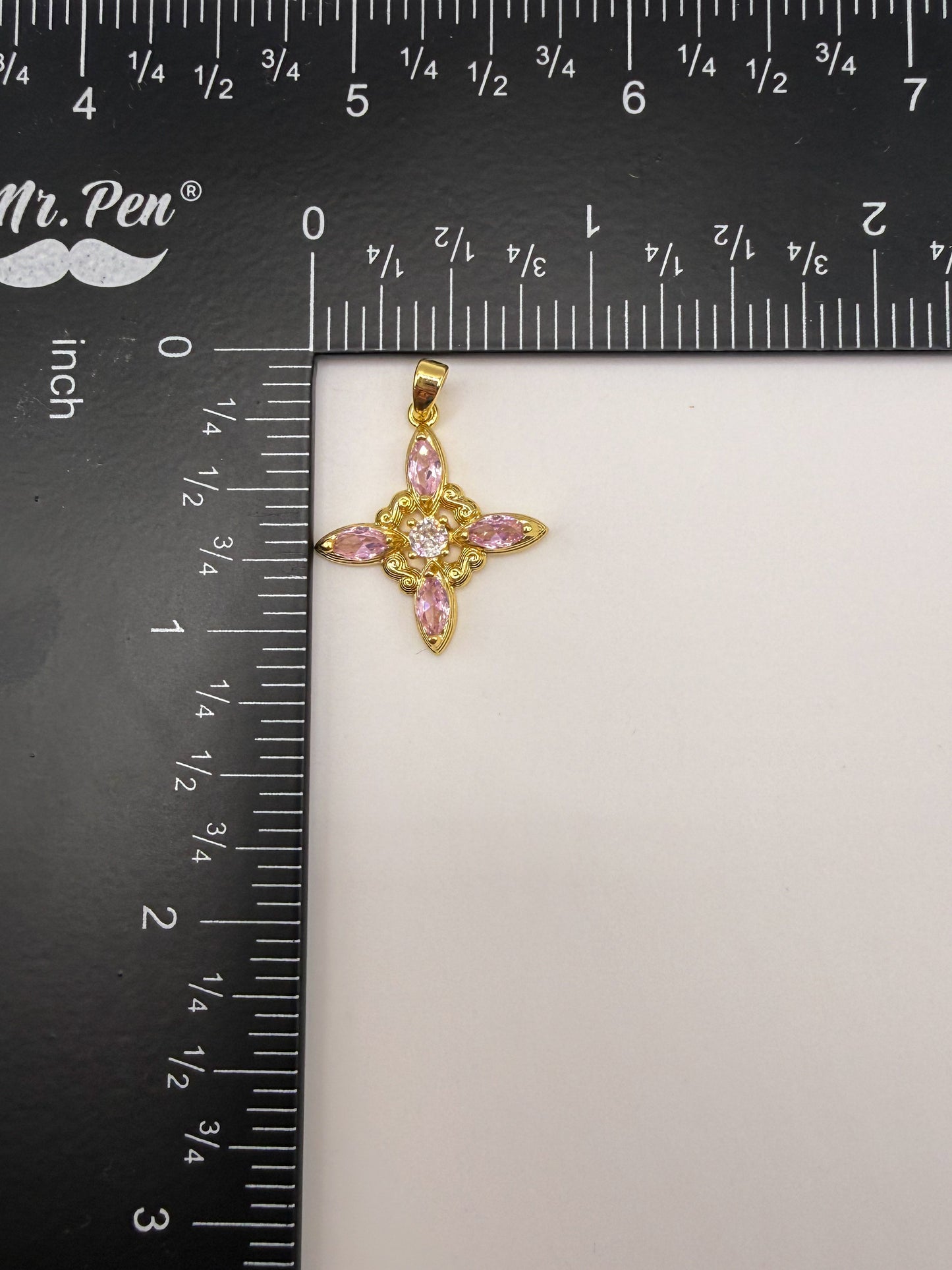 Pink Zircon Star Cross Gold Charm Pendant
