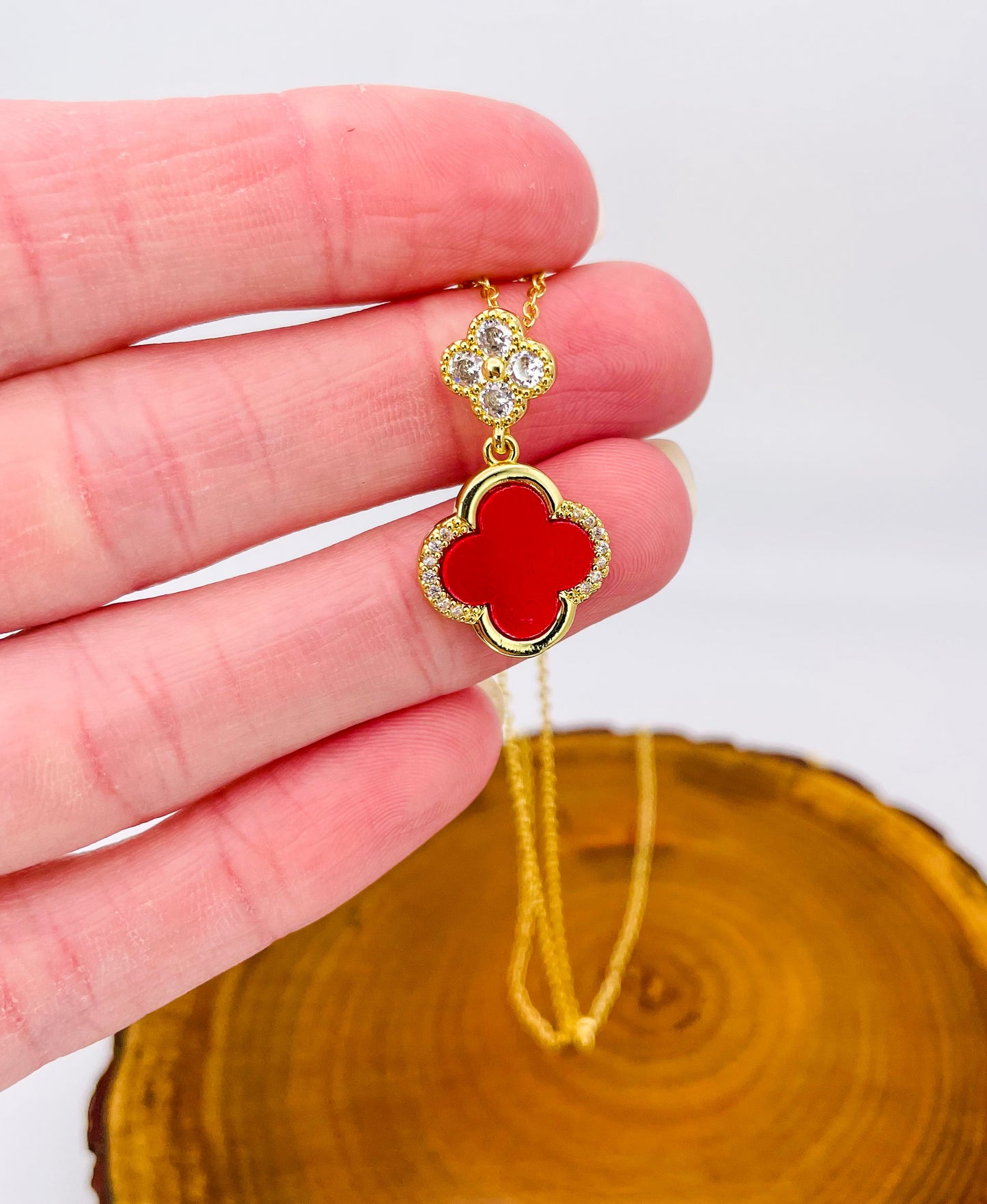 24K Gold Filled White or Red Double Lucky Clover Luxury Necklace