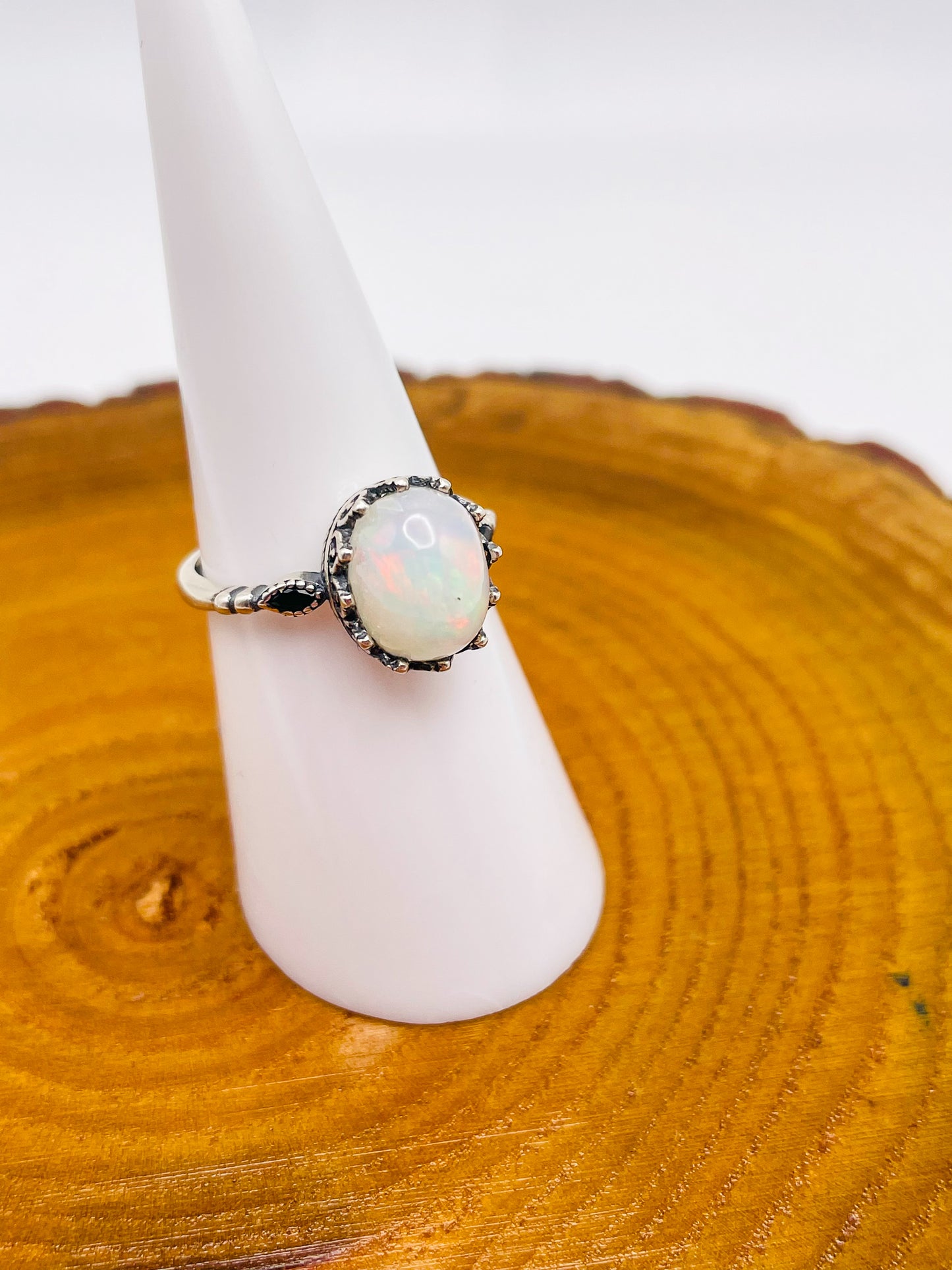 Sterling Silver Big White Opal Statement Adjustable Ring