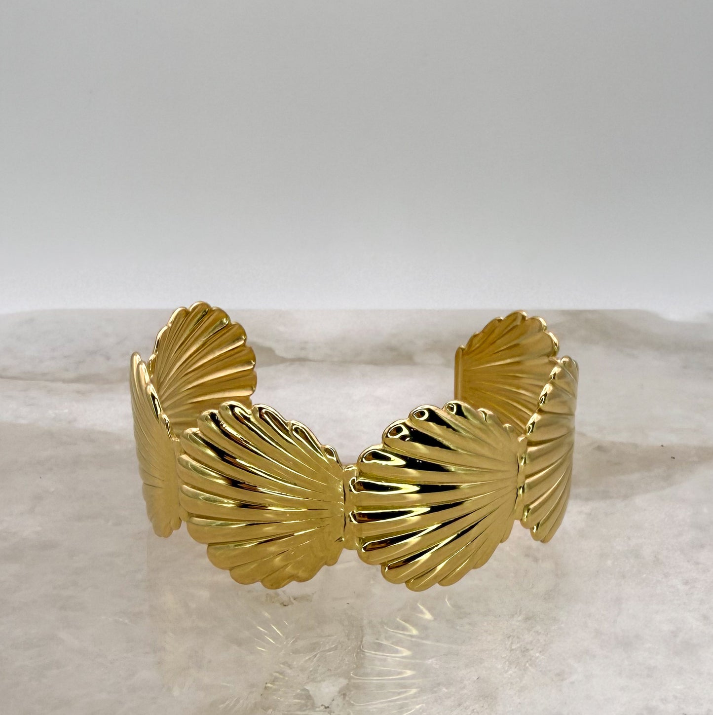 Scallop SeaShell Stainless Steel Gold or Silver Plated Open Back Adjustable Cuff Bangle Bracelet