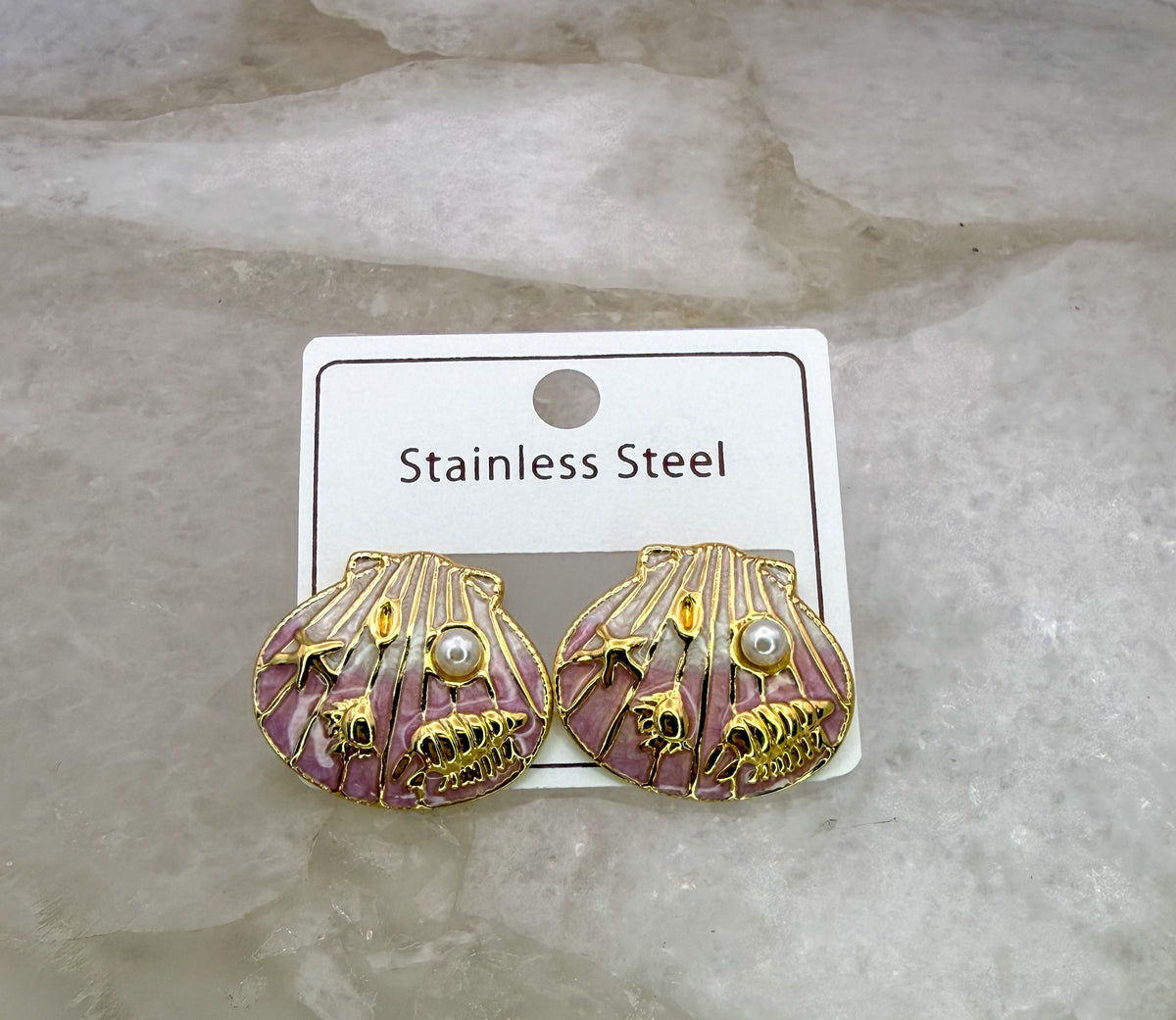 Gold Stainless Steel Colorful Shell Stud Earrings