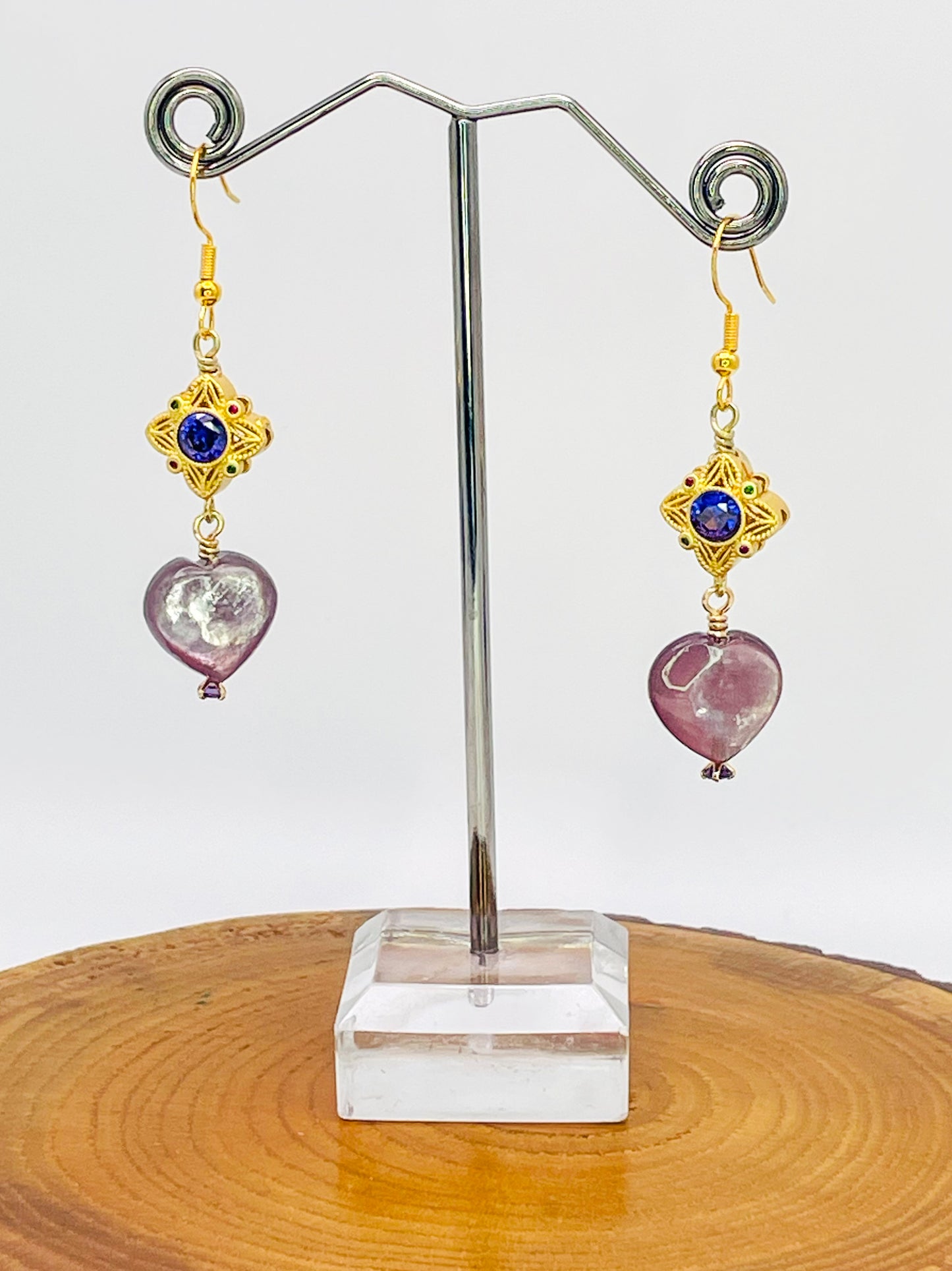 Natural Lepidolite Heart Gold Earrings