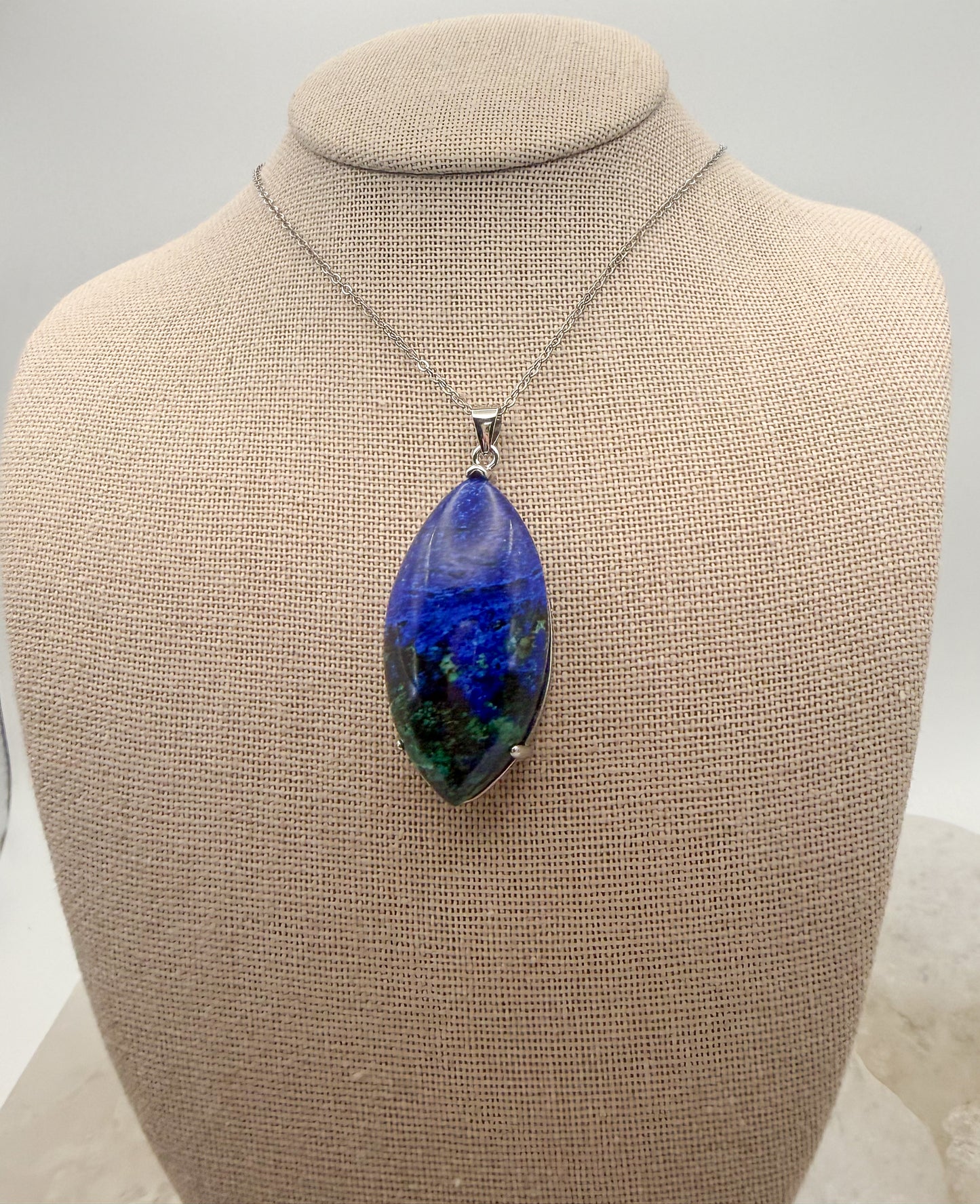 Natural Azurite Pendulum Pendant Stainless Steel Chain Necklace