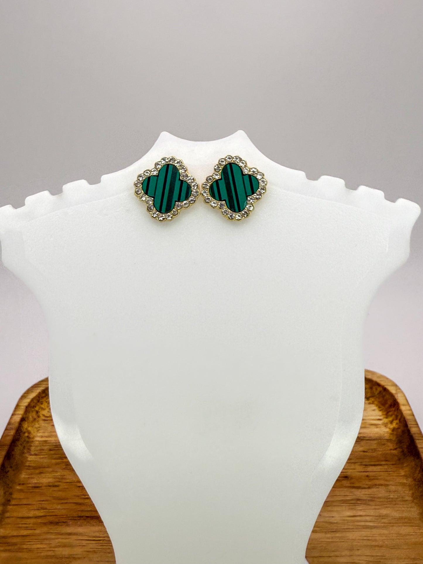 Malachite Green & Gold Clover Stud Earrings