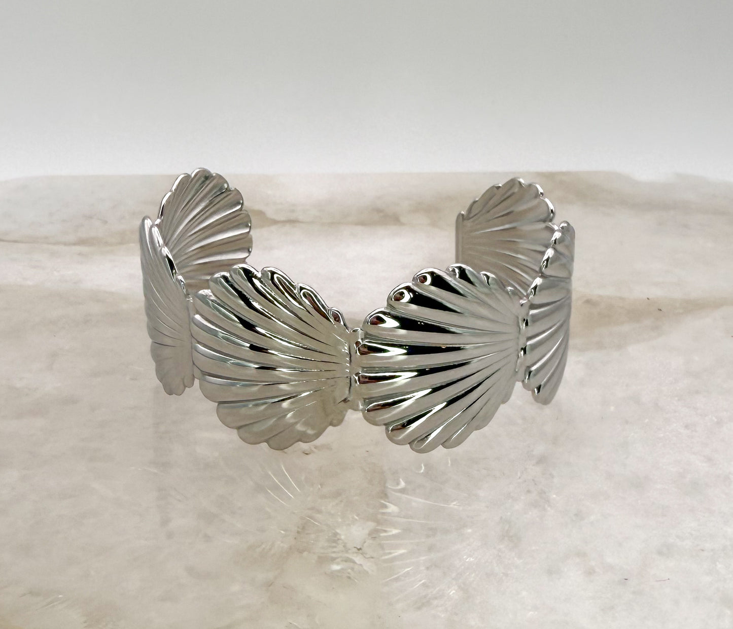 Scallop SeaShell Stainless Steel Gold or Silver Plated Open Back Adjustable Cuff Bangle Bracelet