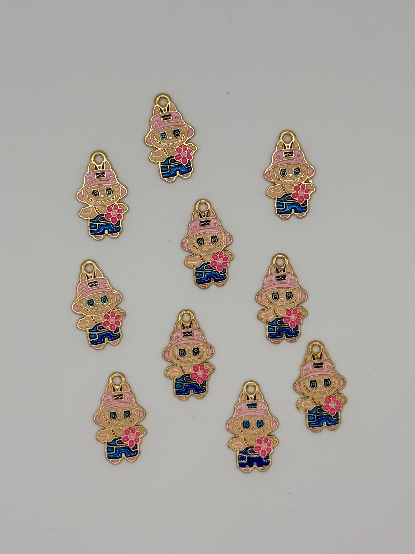 Pink Hat Labubu Gold Metal DIY Charm set